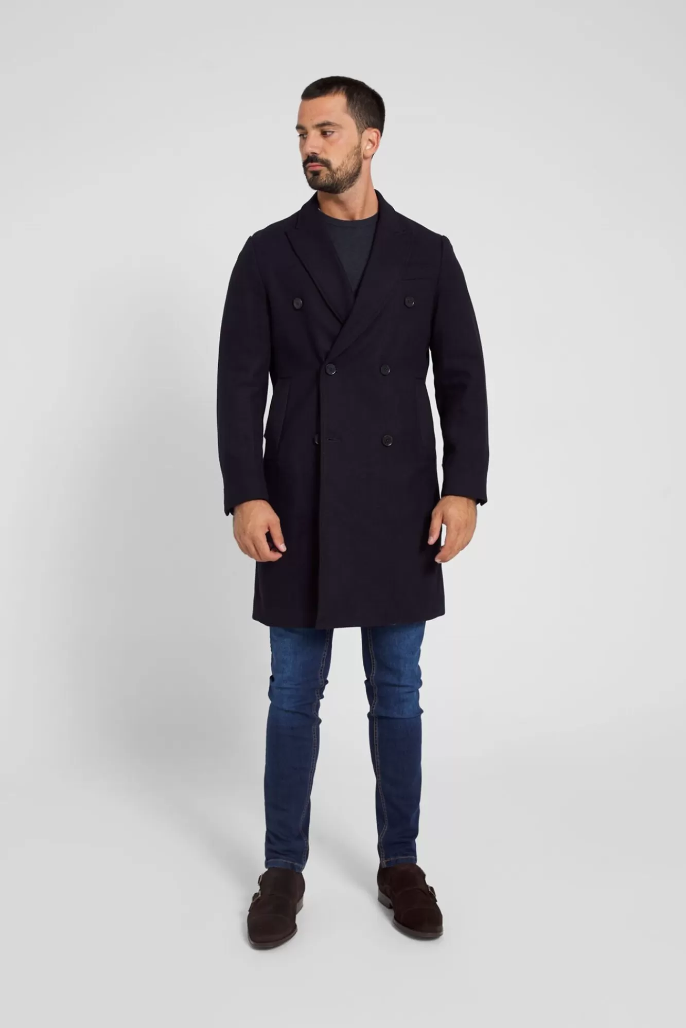 Store Silbon Blue Wool Double-Breasted Coat Navy