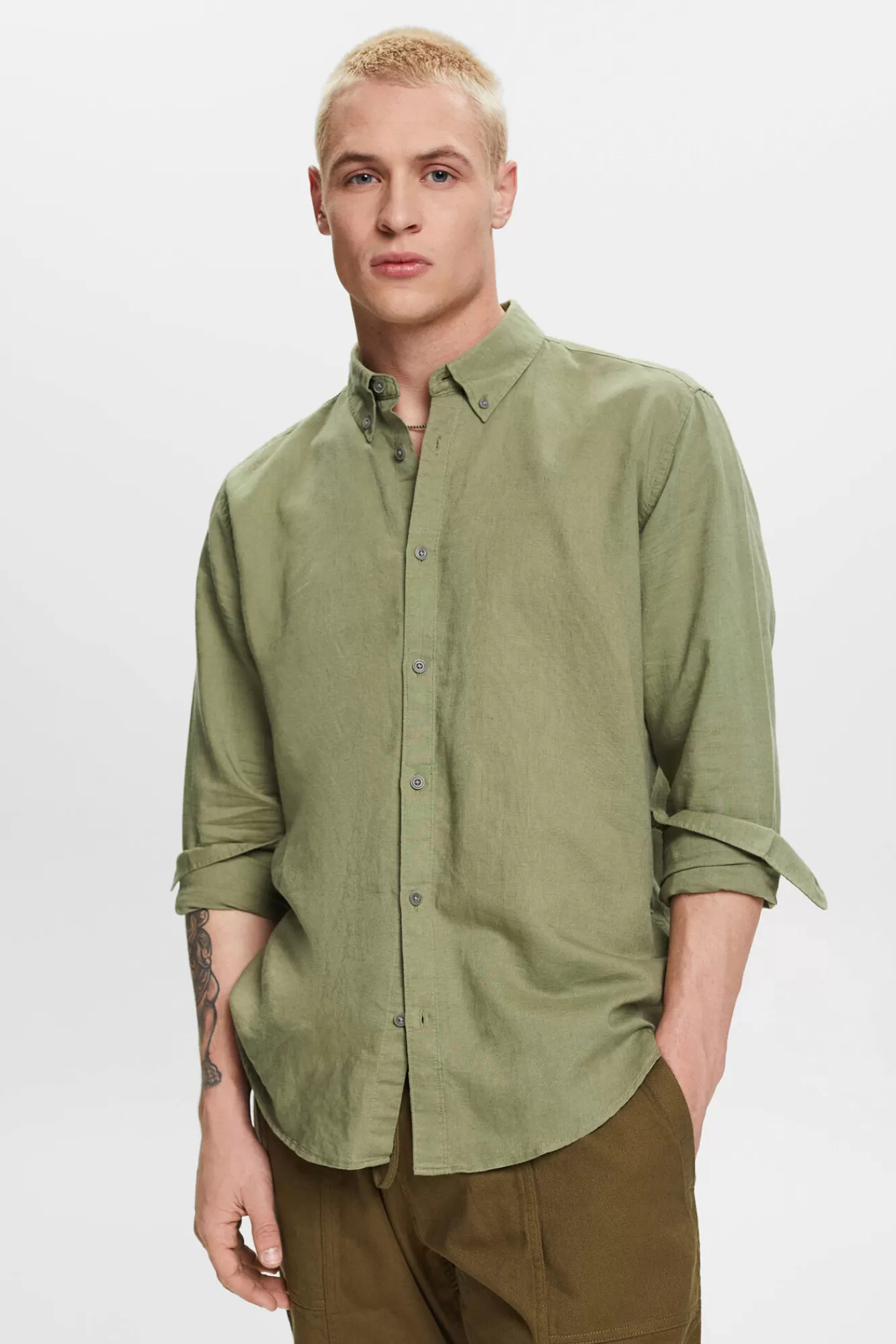 Cheap Esprit Camisa Basica Regular Fit Con Lino Kaki