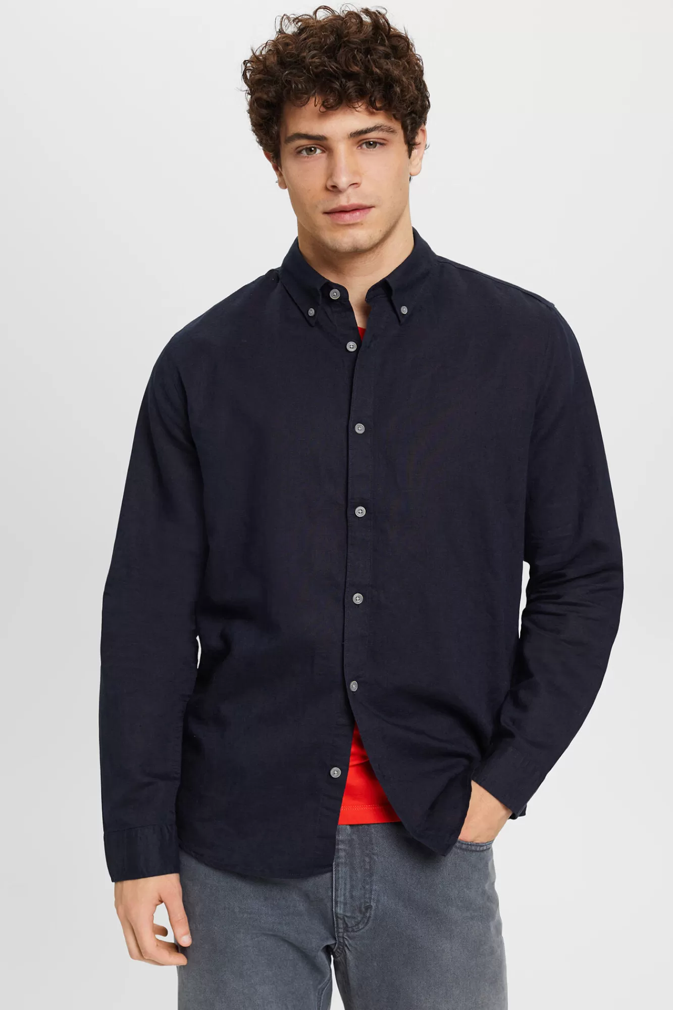 Online Esprit Camisa Basica Regular Fit Con Lino Navy