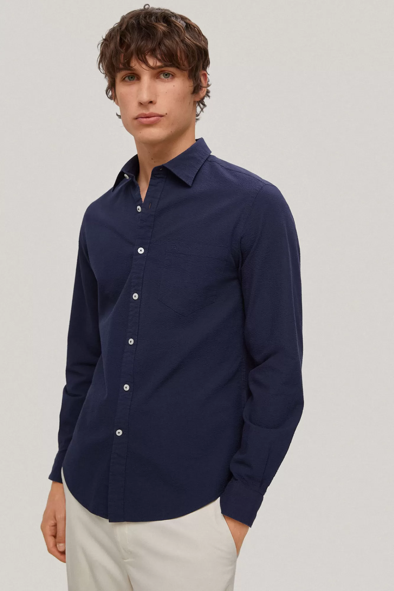 Hot Pedro del Hierro Camisa Seersucker Liso Manga Larga Blue