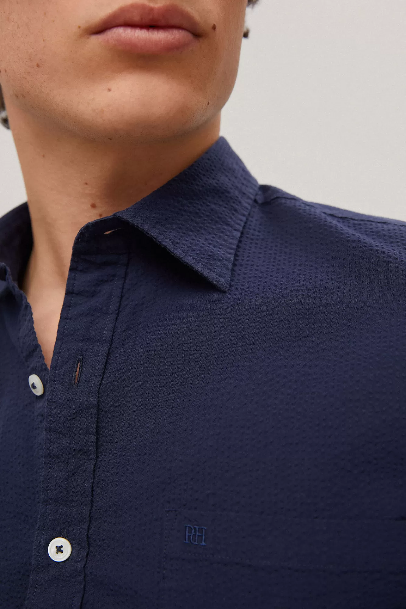 Hot Pedro del Hierro Camisa Seersucker Liso Manga Larga Blue