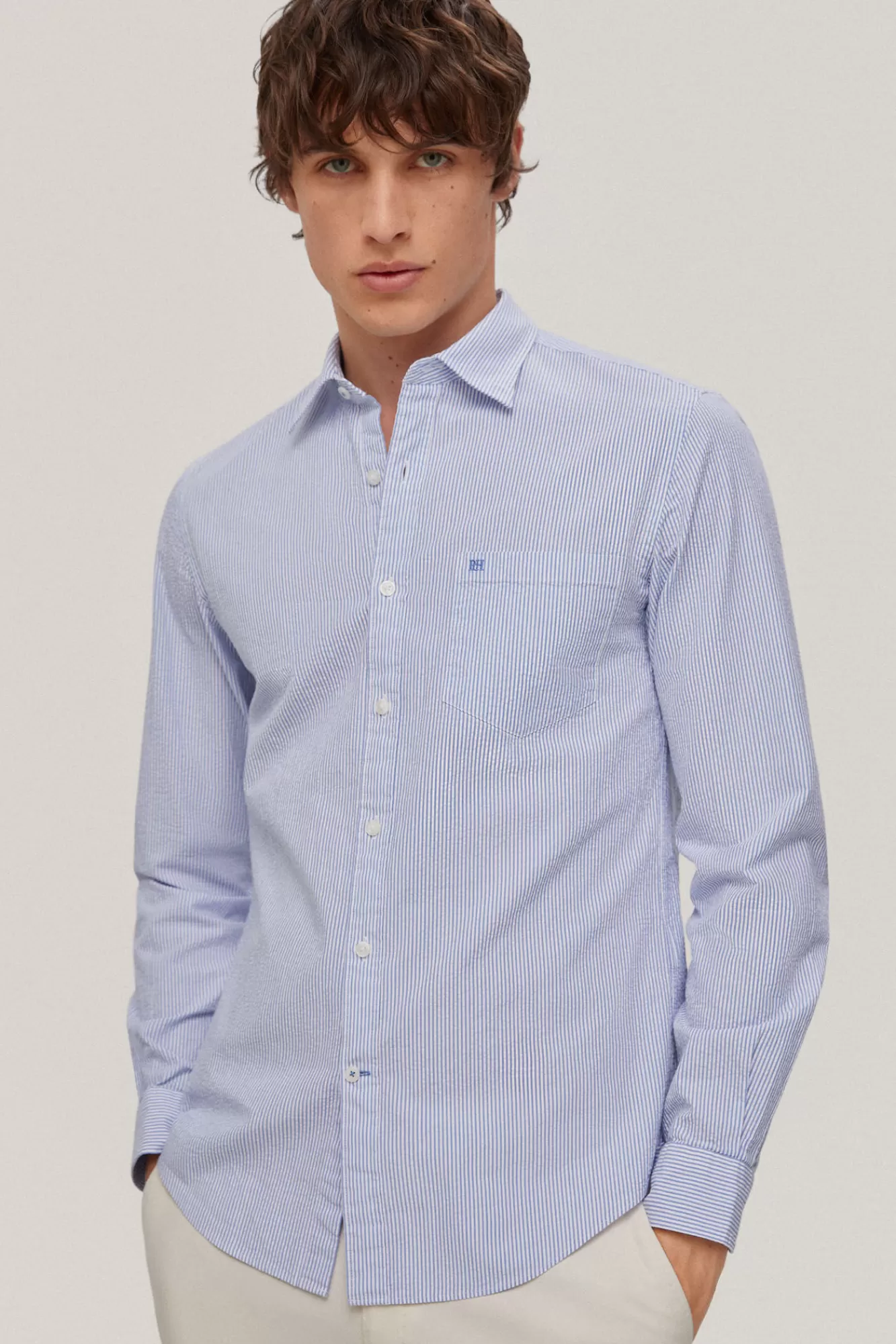 Cheap Pedro del Hierro Camisa Seersucker Rayas Manga Larga Blue