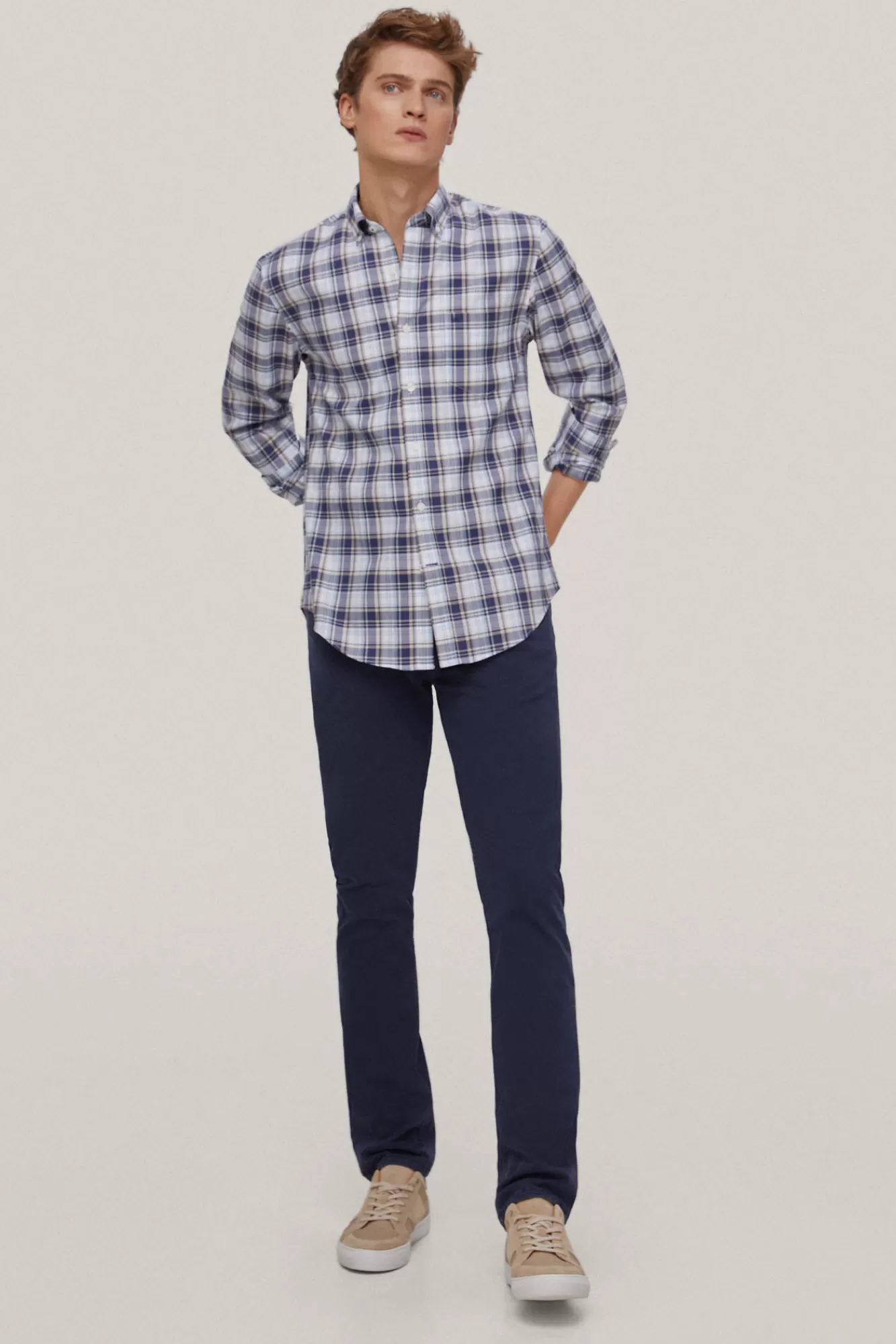 New Pedro del Hierro Checked Non-Iron + Stain-Resistant Shirt Blue