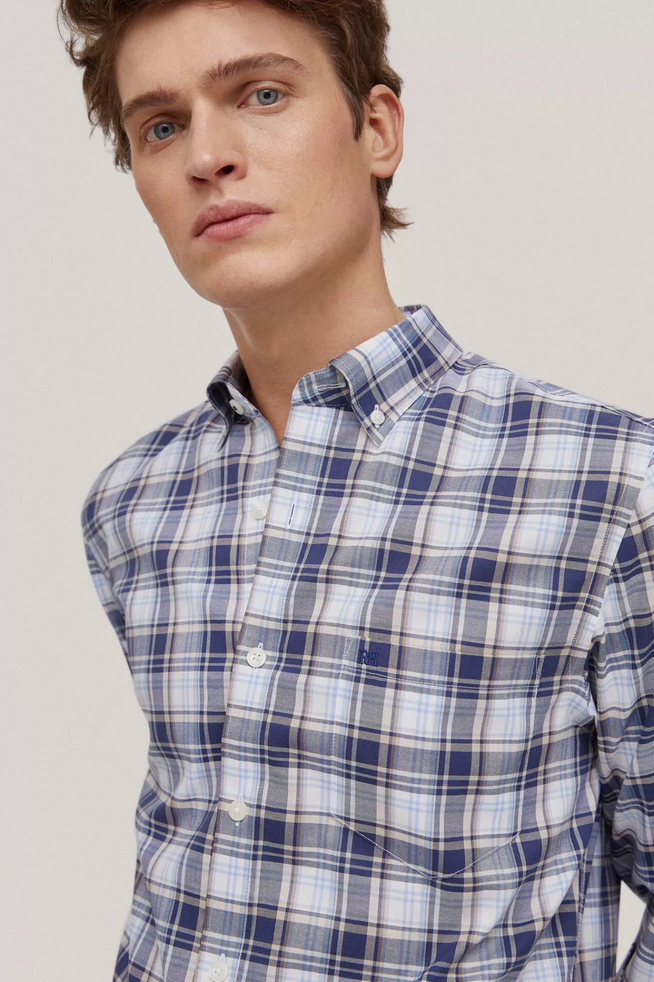 New Pedro del Hierro Checked Non-Iron + Stain-Resistant Shirt Blue