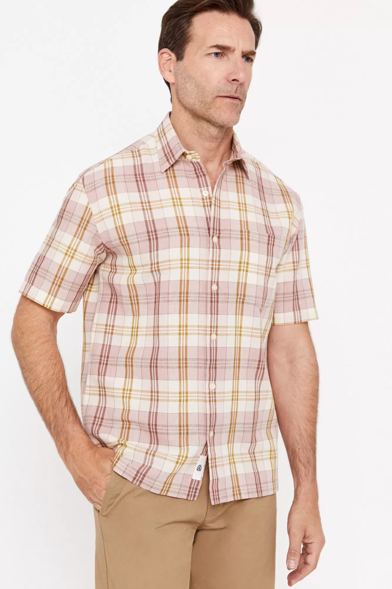 Hot Cortefiel Checked Short-Sleeved Linen And Cotton Shirt Pink