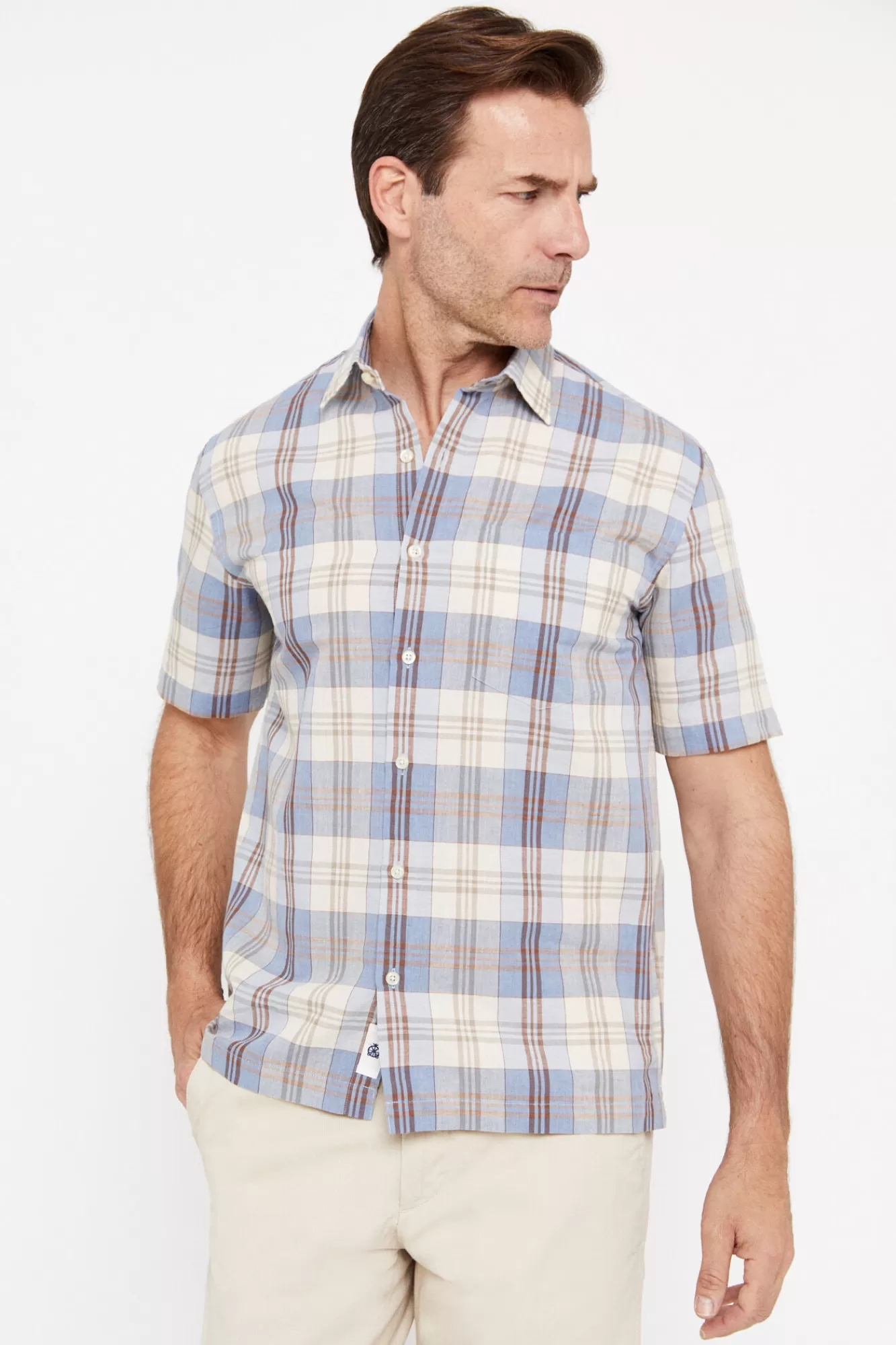 Cheap Cortefiel Checked Short-Sleeved Linen And Cotton Shirt Blue