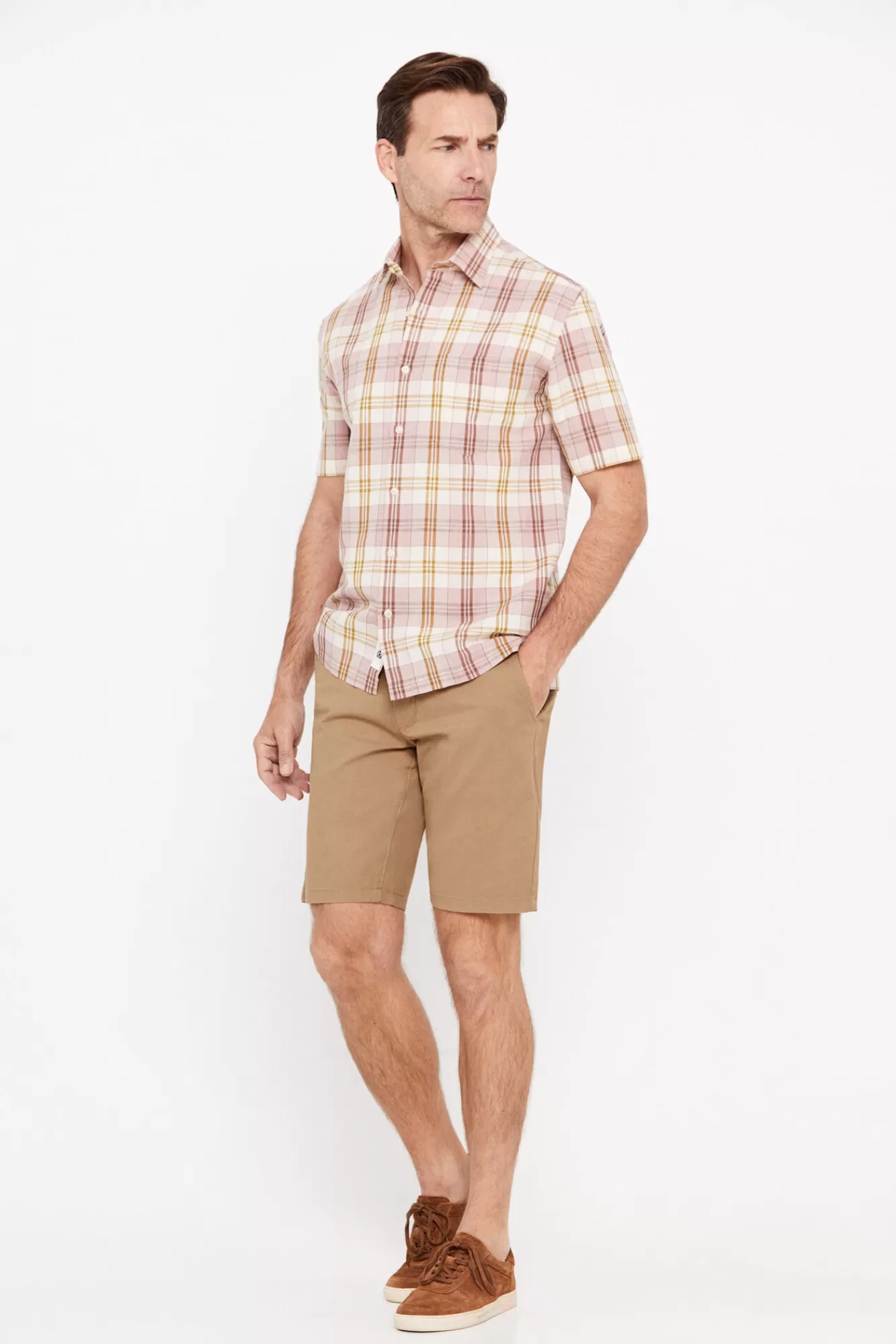 Hot Cortefiel Checked Short-Sleeved Linen And Cotton Shirt Pink