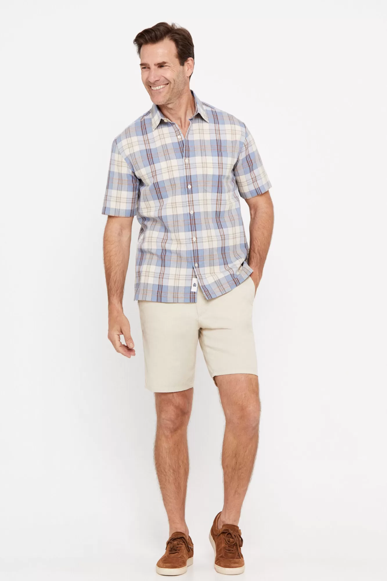 Cheap Cortefiel Checked Short-Sleeved Linen And Cotton Shirt Blue