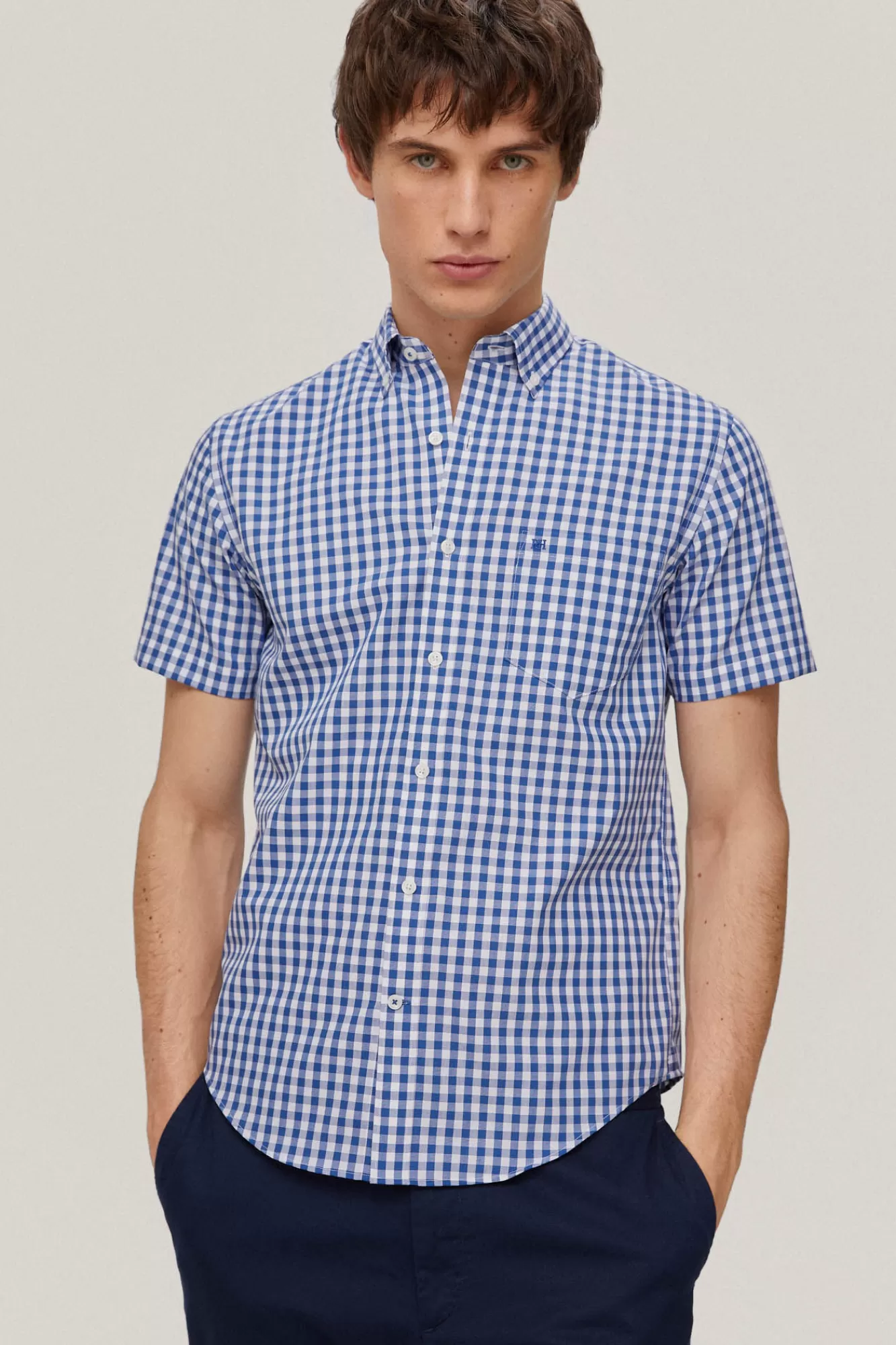 Fashion Pedro del Hierro Checked Short-Sleeved Non-Iron Shirt Blue