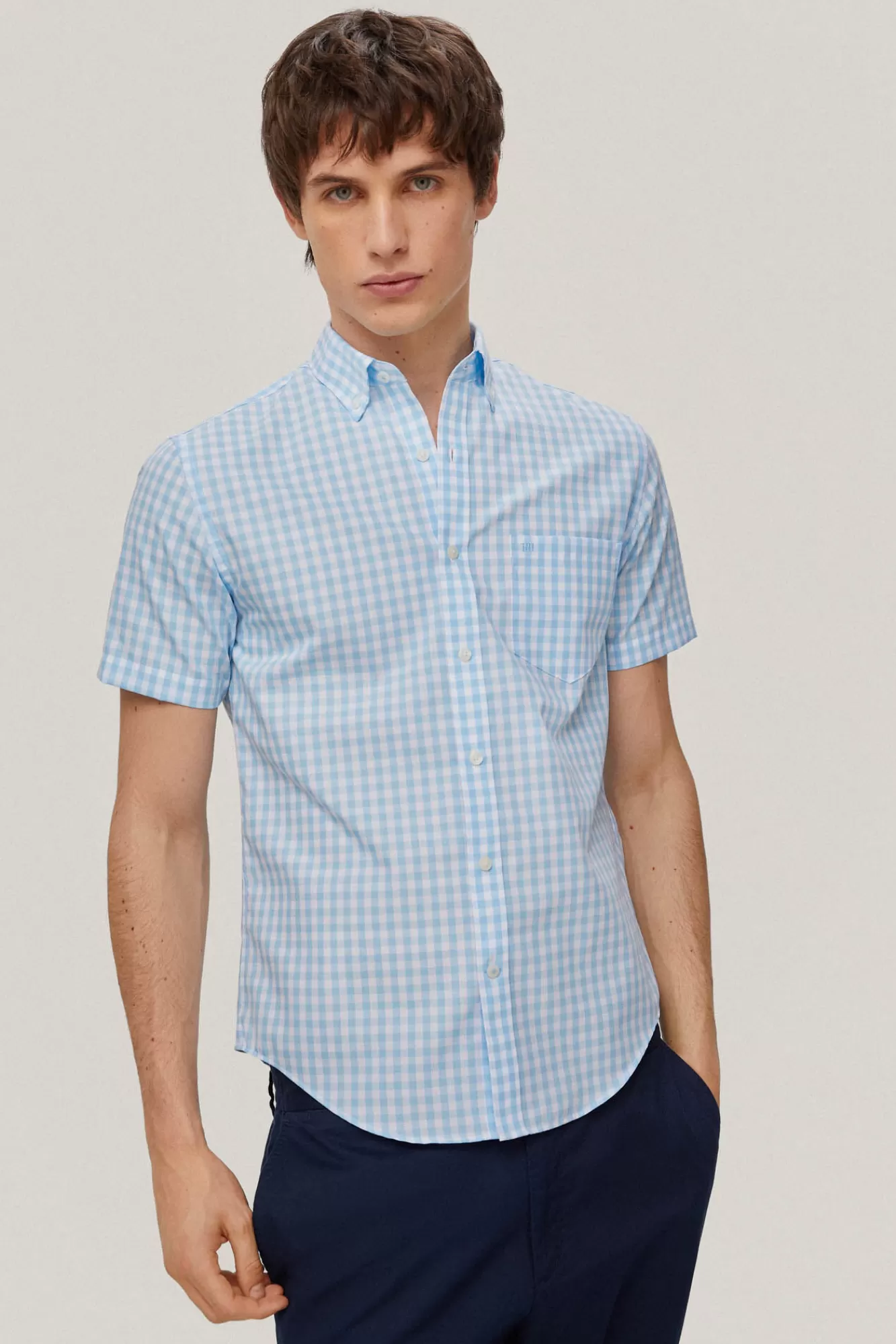 Outlet Pedro del Hierro Checked Short-Sleeved Non-Iron Shirt Turquoise