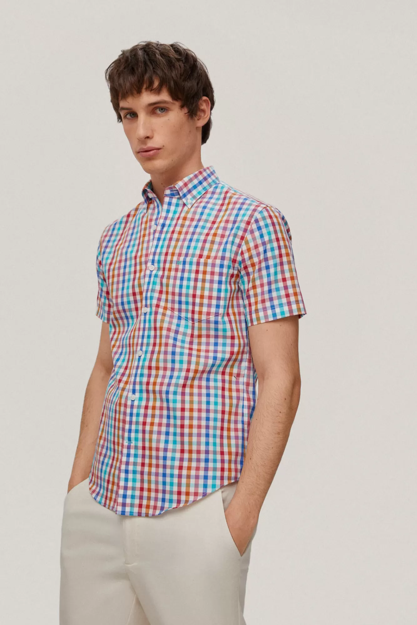 Cheap Pedro del Hierro Checked Short-Sleeved Non-Iron Shirt Coral