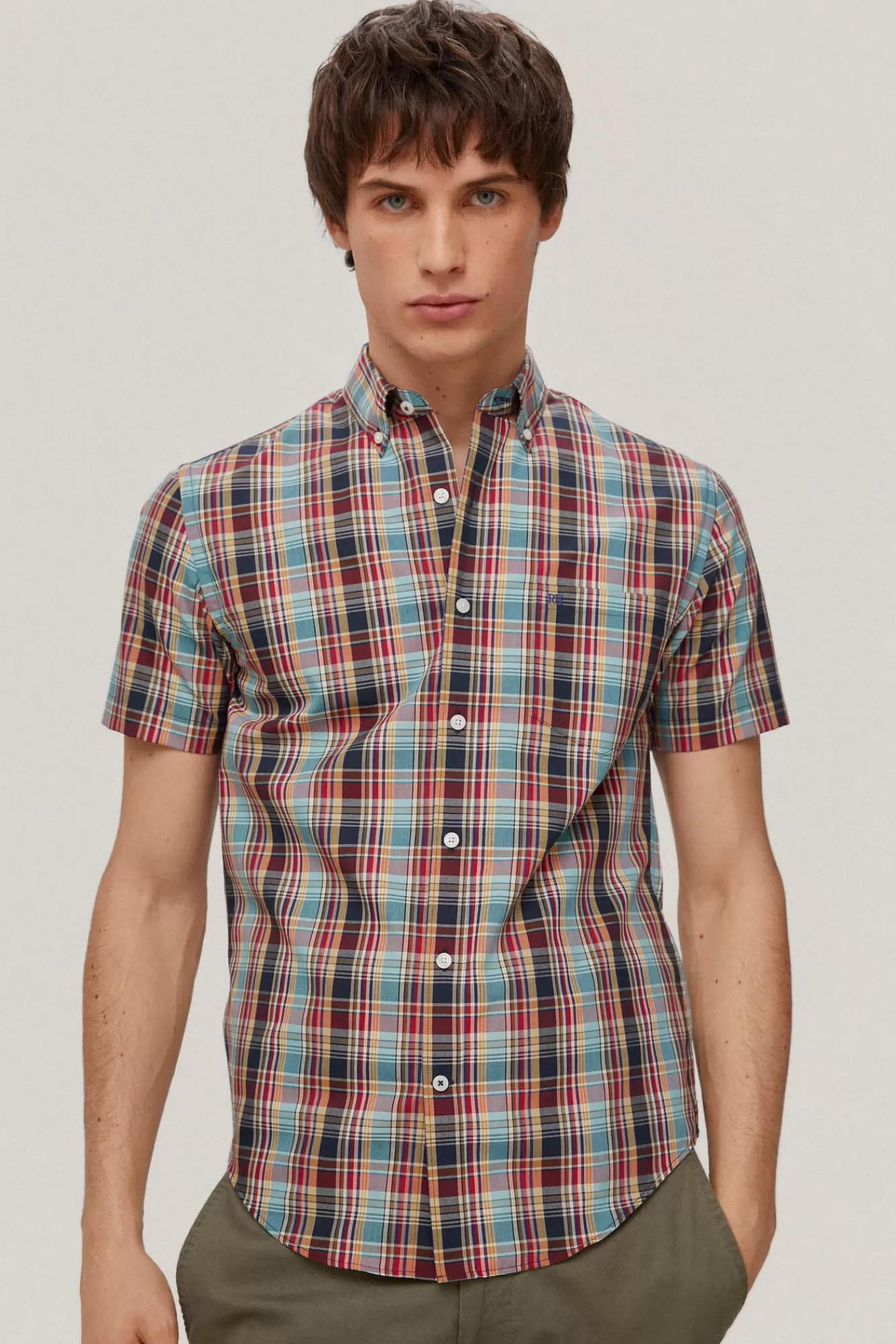 Clearance Pedro del Hierro Checked Short-Sleeved Non-Iron Shirt Blue