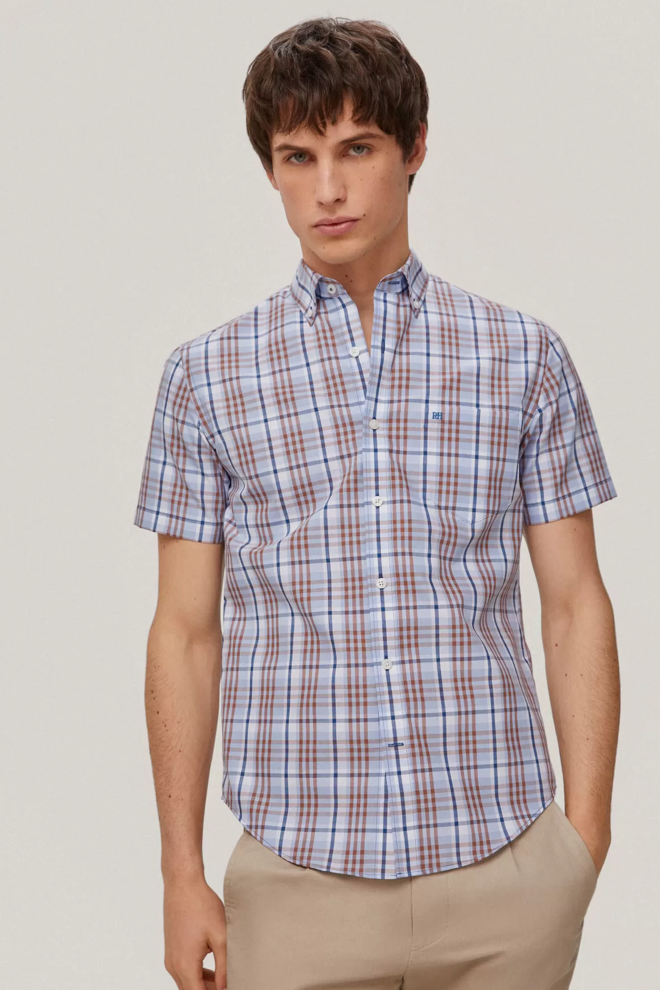 Best Pedro del Hierro Checked Short-Sleeved Non-Iron Shirt Blue