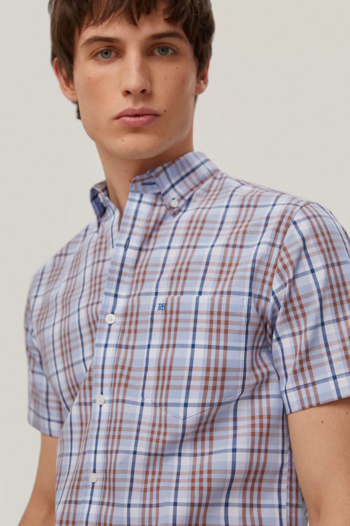 Best Pedro del Hierro Checked Short-Sleeved Non-Iron Shirt Blue