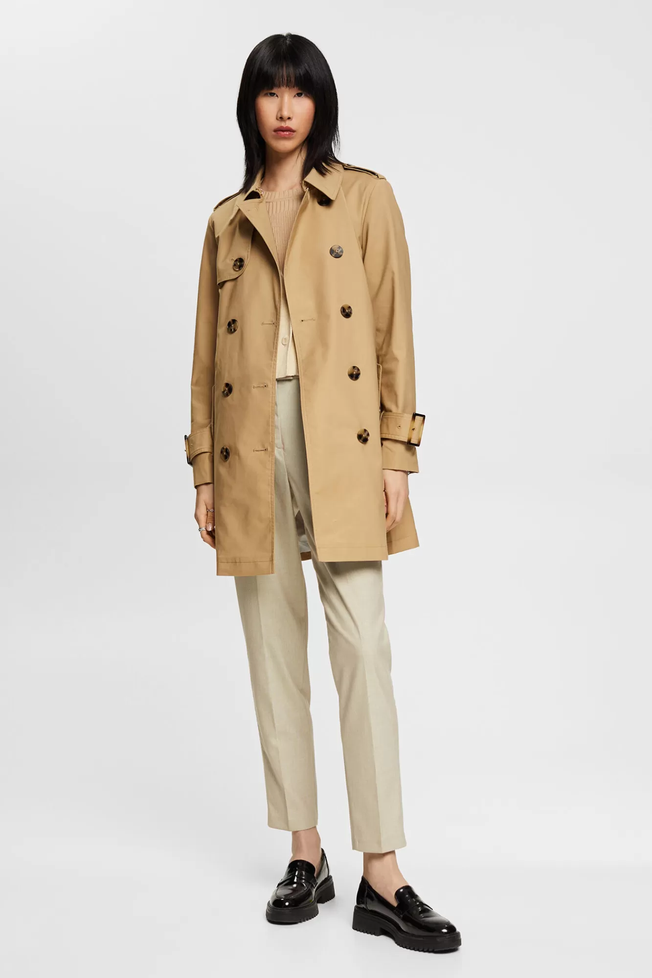 New Esprit Classic Regular Fit Trench Coat With Cotton Beige