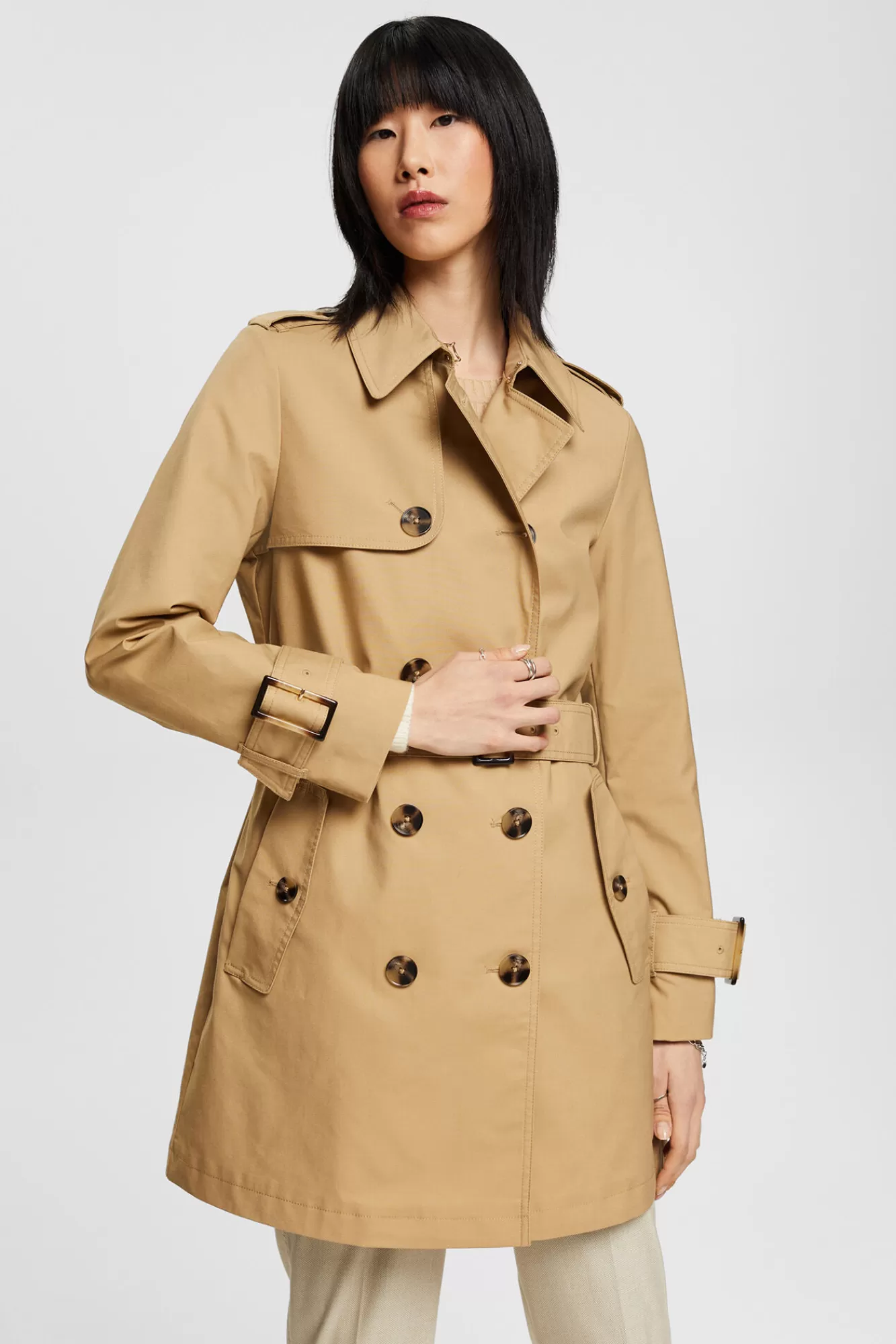 New Esprit Classic Regular Fit Trench Coat With Cotton Beige