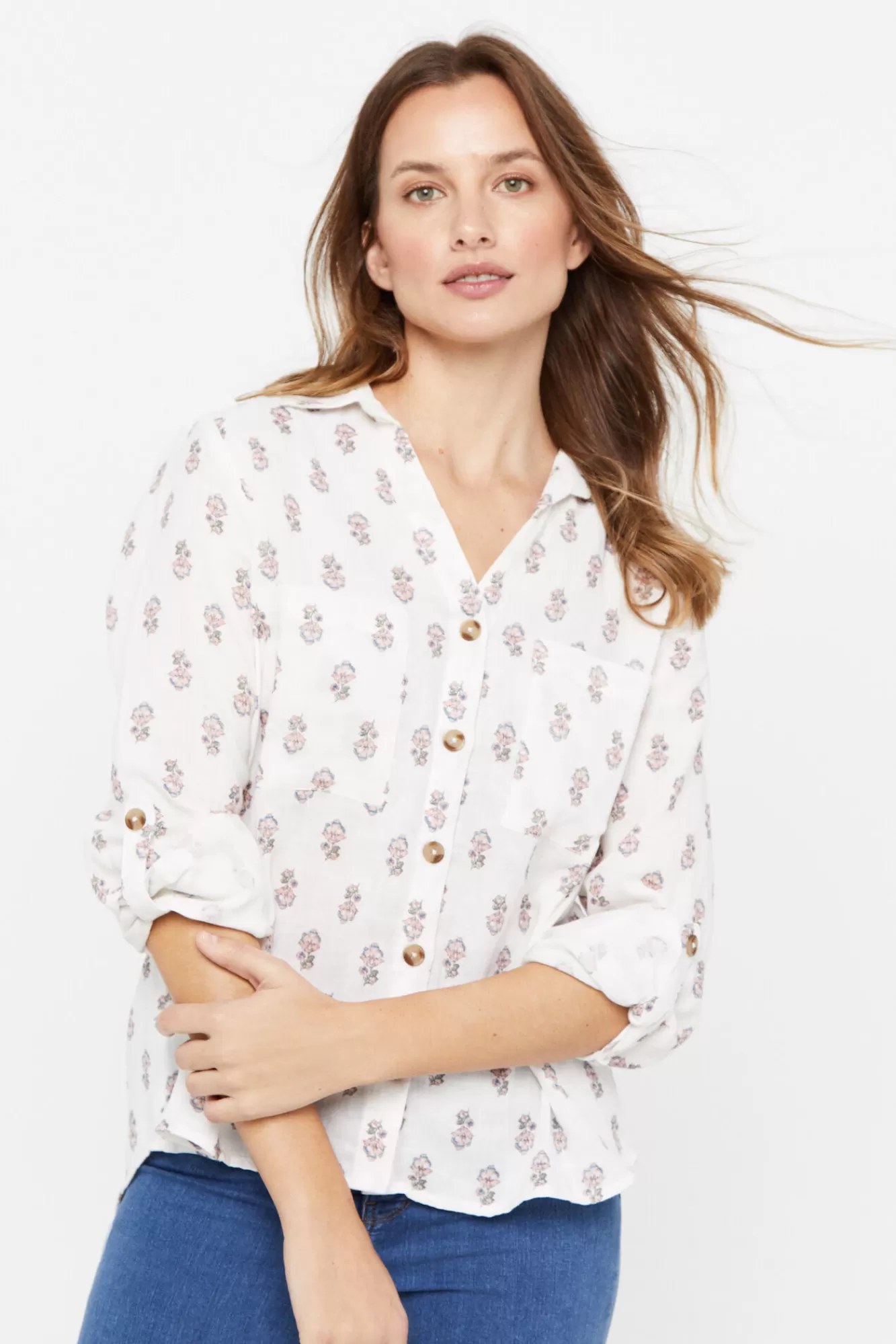 Cheap Cortefiel Country-Style Cotton Shirt Printed White