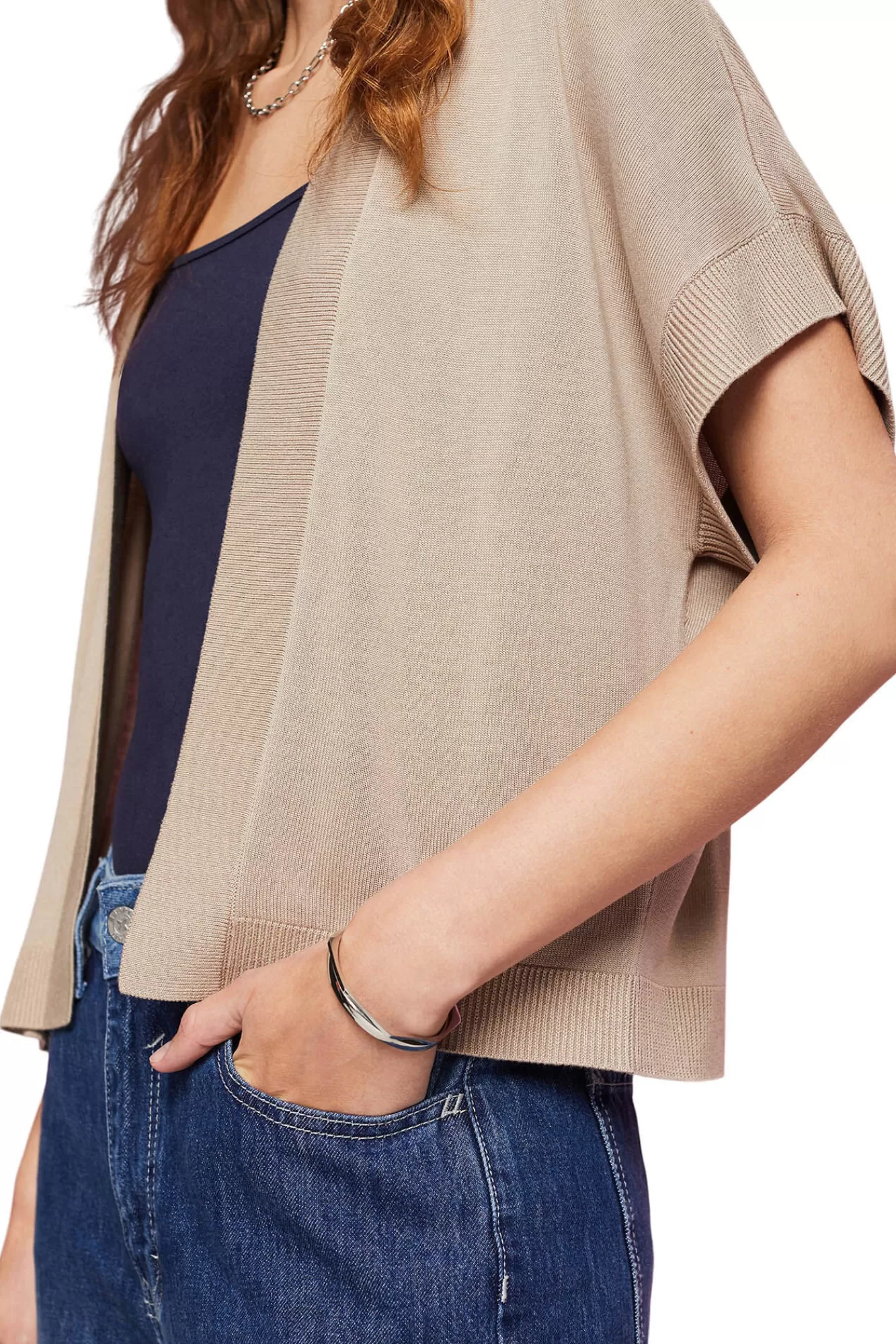 New Esprit Cropped Short-Sleeved Open Cardigan Beige