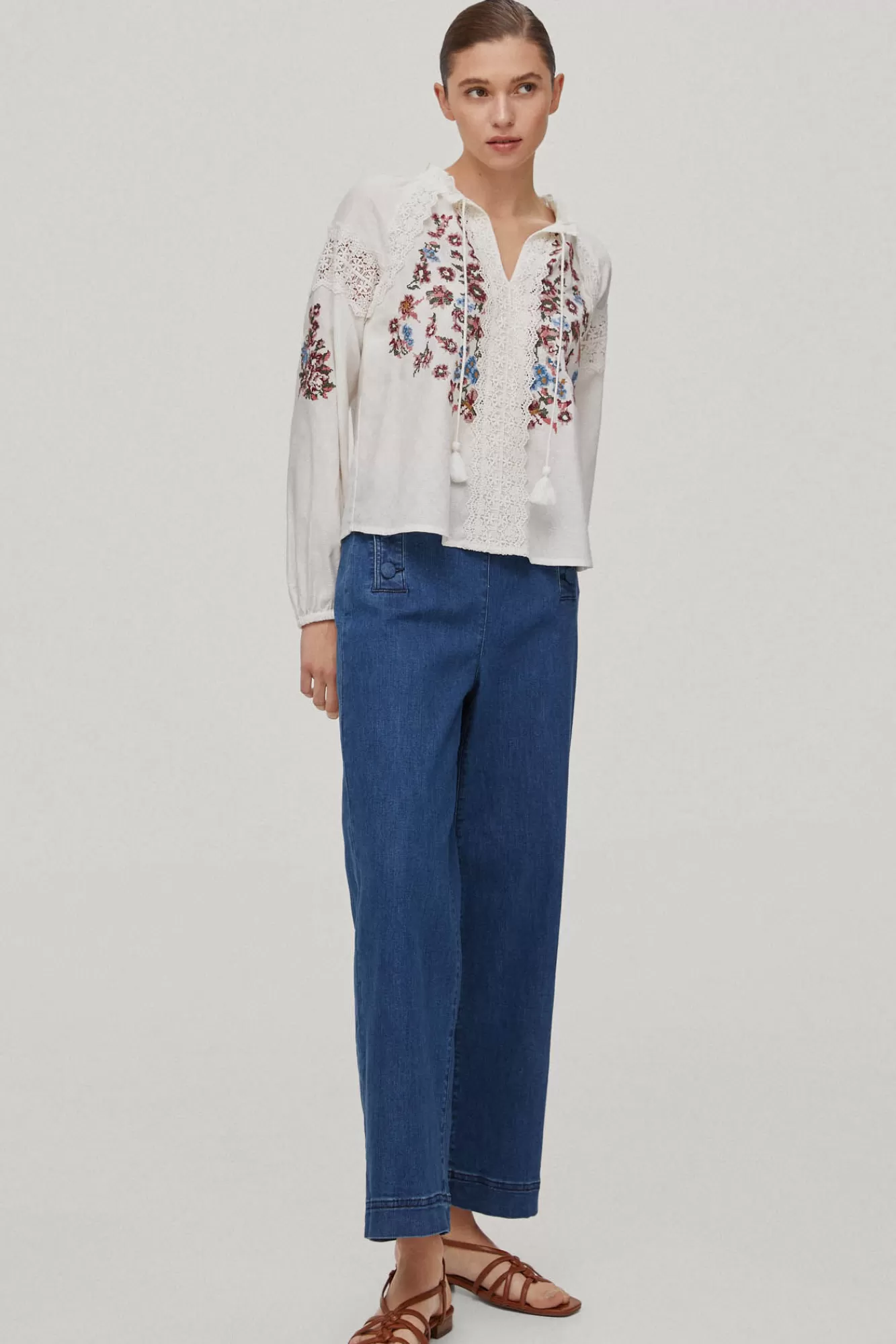 Sale Pedro del Hierro Cross-Stitch Embroidered Blouse Beige