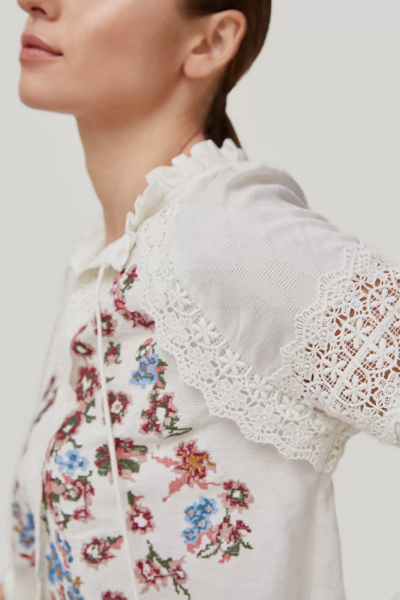 Sale Pedro del Hierro Cross-Stitch Embroidered Blouse Beige