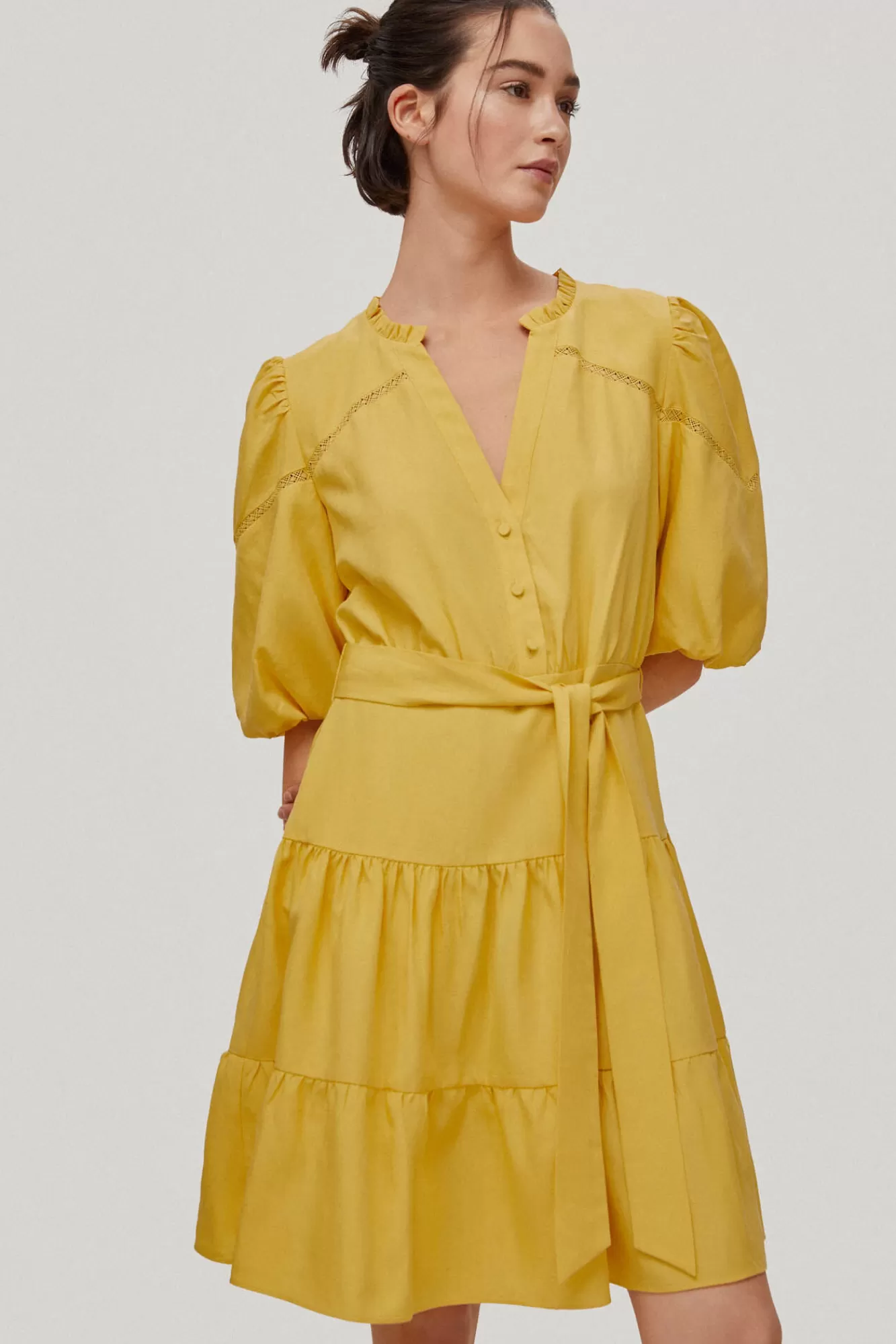 New Pedro del Hierro Dress With Tiered Skirt And Puffed Sleeves Yellow