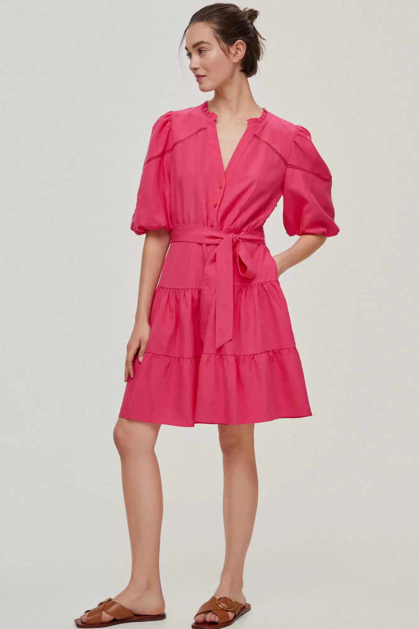 Best Pedro del Hierro Dress With Tiered Skirt And Puffed Sleeves Pink