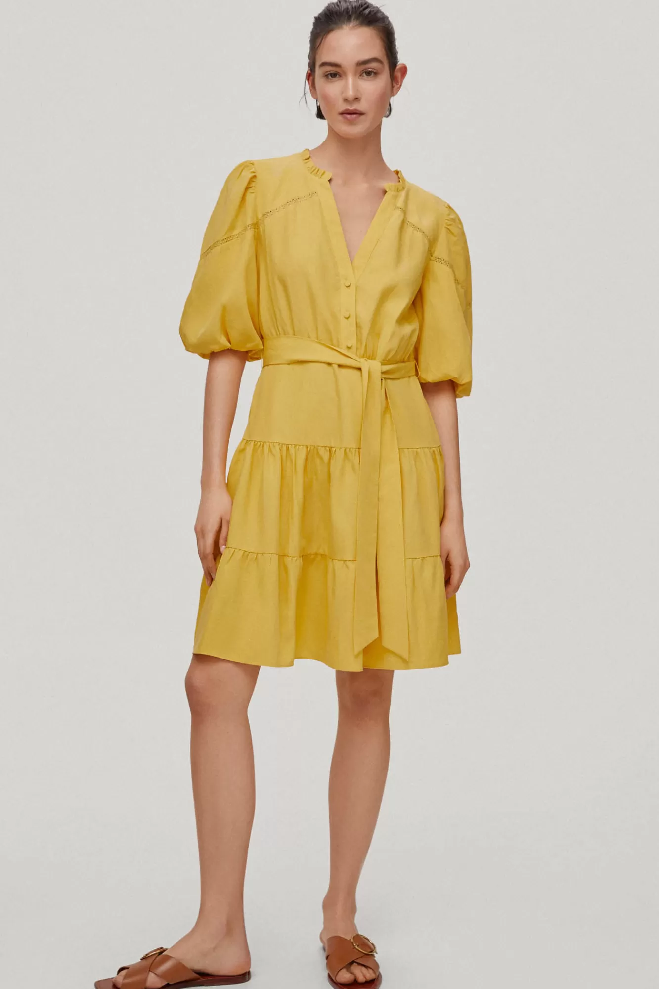 New Pedro del Hierro Dress With Tiered Skirt And Puffed Sleeves Yellow