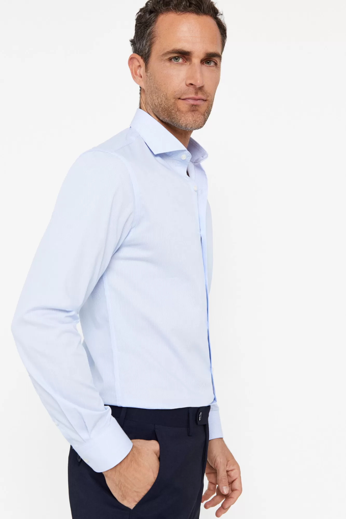 Clearance Cortefiel Easy-Iron Microstriped Dress Shirt Blue