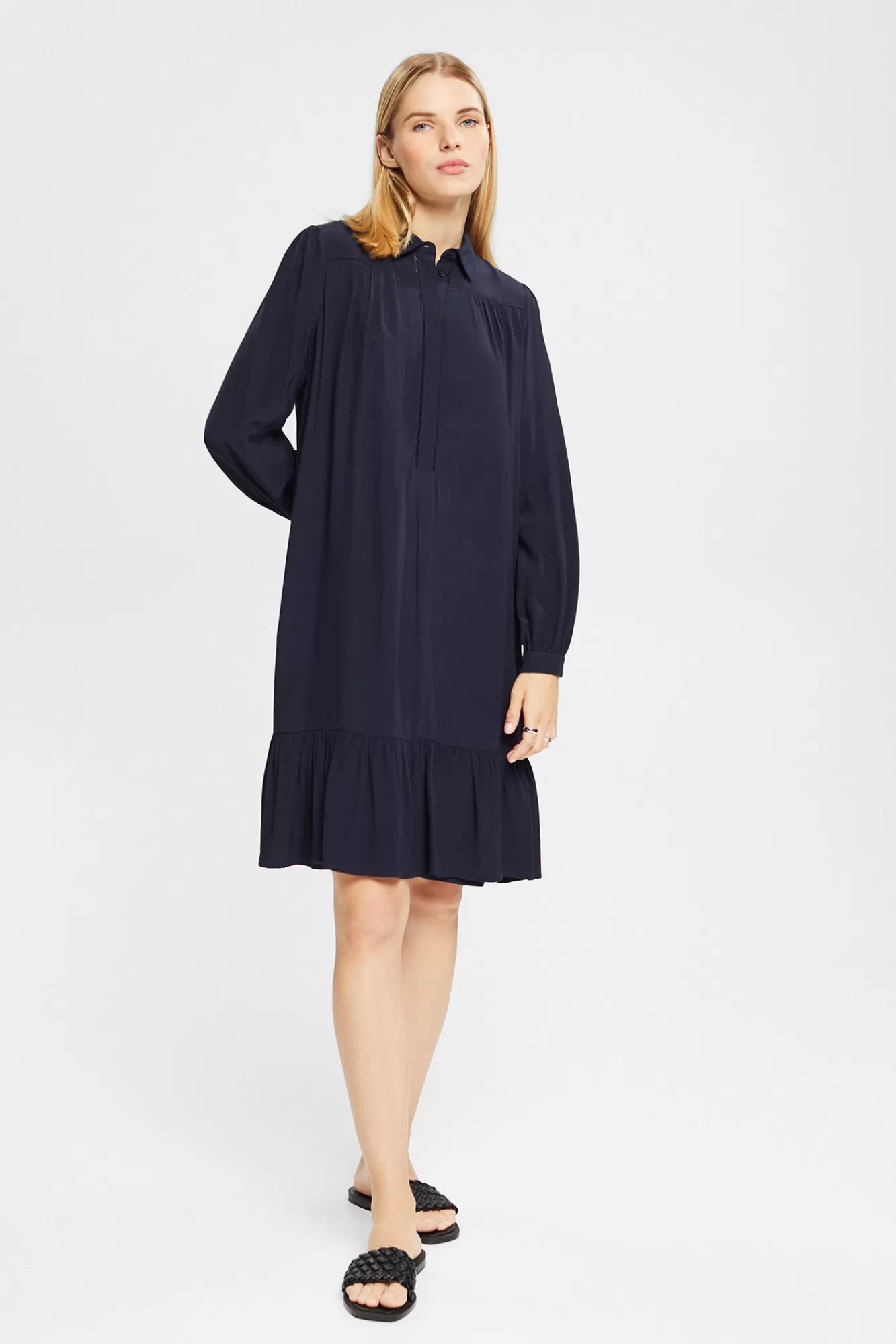 Hot Esprit Ecovero Viscose Shirt Collar Midi Dress™ Navy