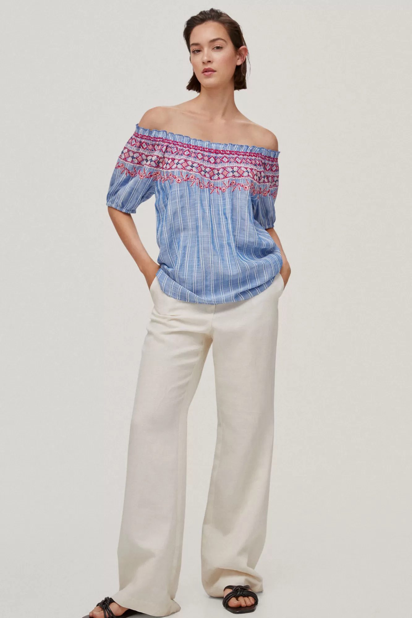 Fashion Pedro del Hierro Embroidered Off-The-Shoulder Blouse Blue