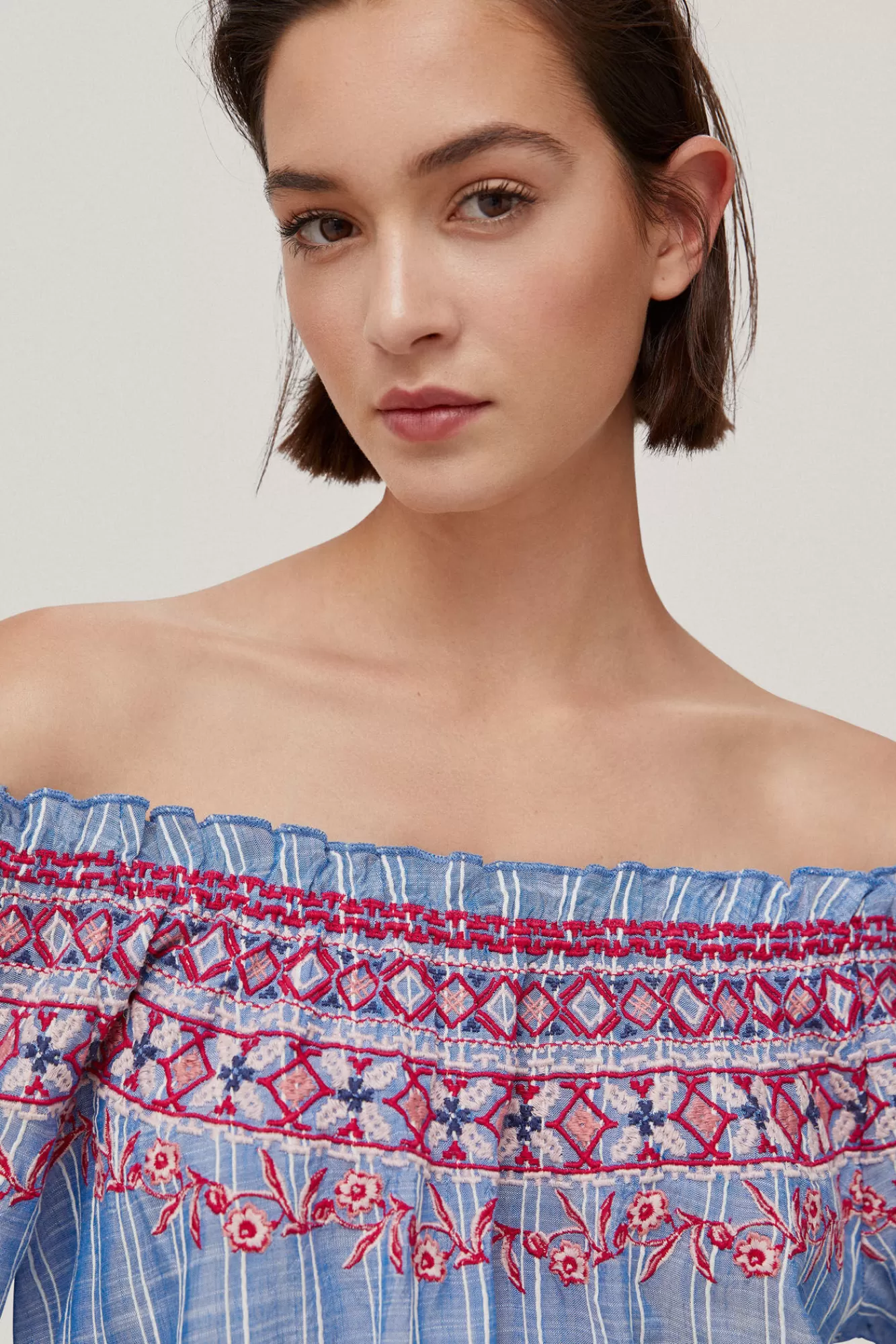 Fashion Pedro del Hierro Embroidered Off-The-Shoulder Blouse Blue