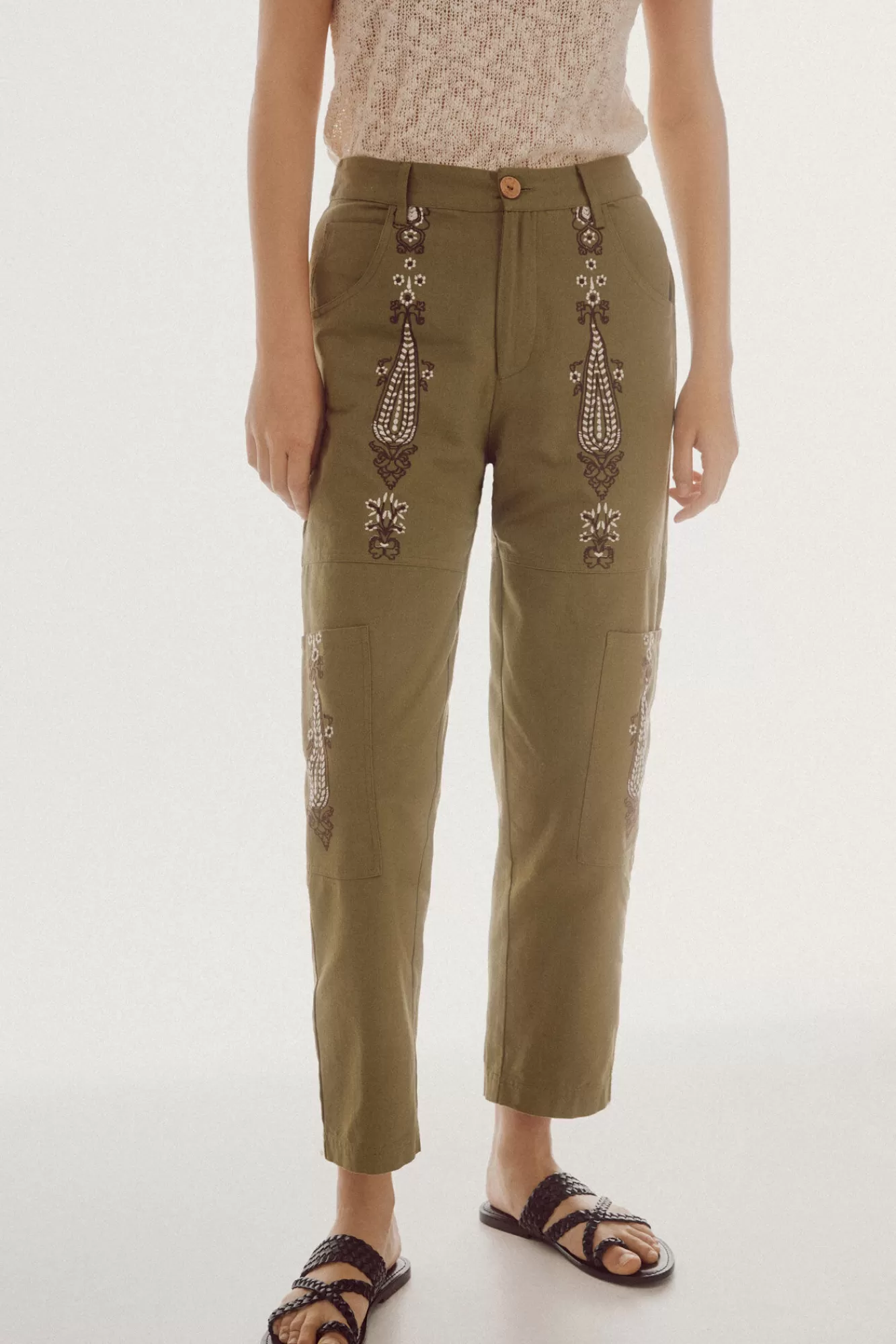 Online Slowlove Embroidered Trousers Kaki