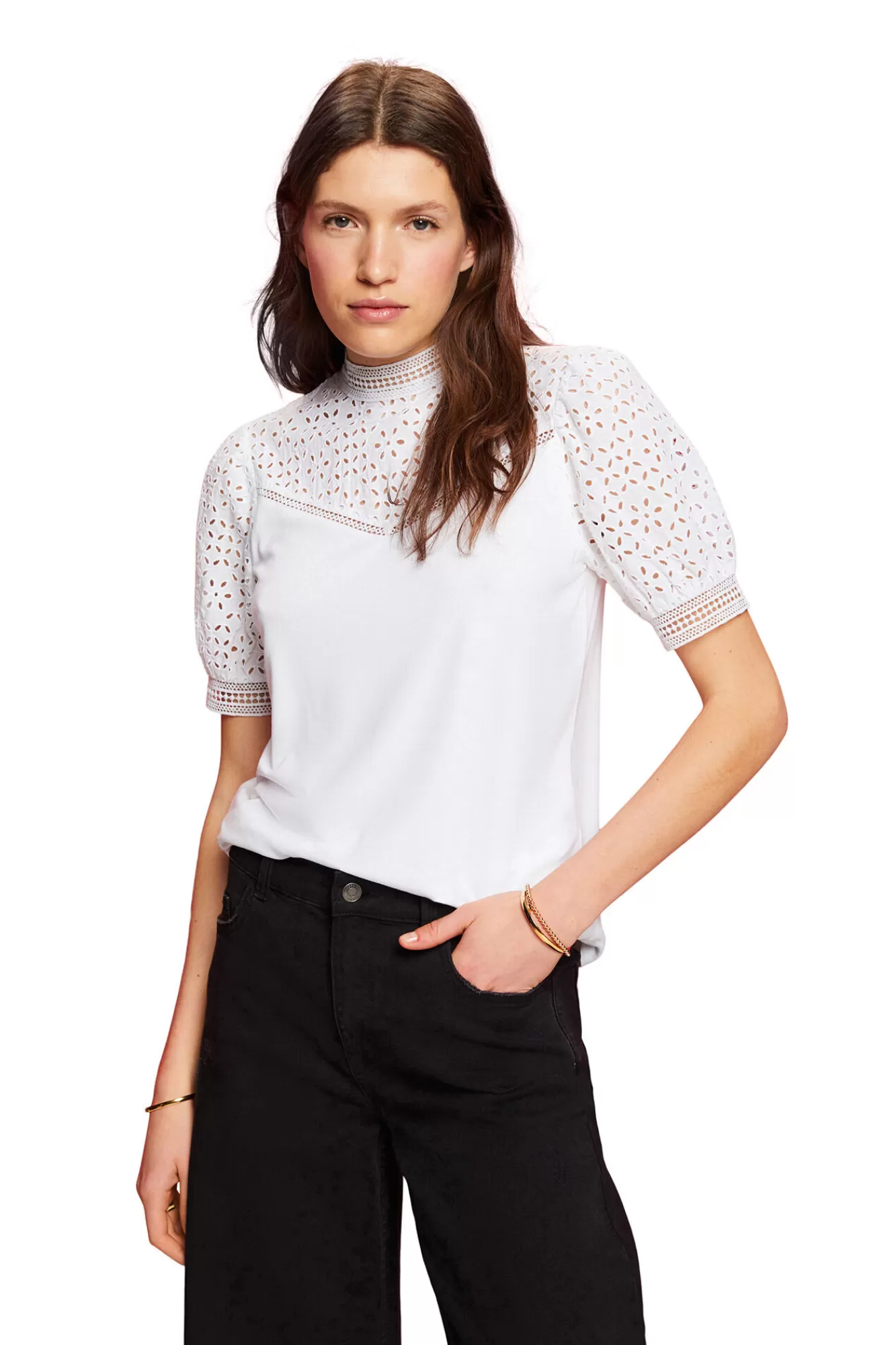 Discount Esprit Embroidered Viscose Mock Turtleneck Blouse White