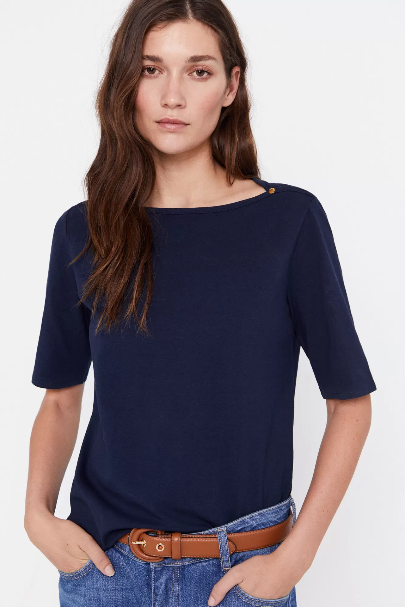 Online Cortefiel Essential Boat Neck T-Shirt Navy