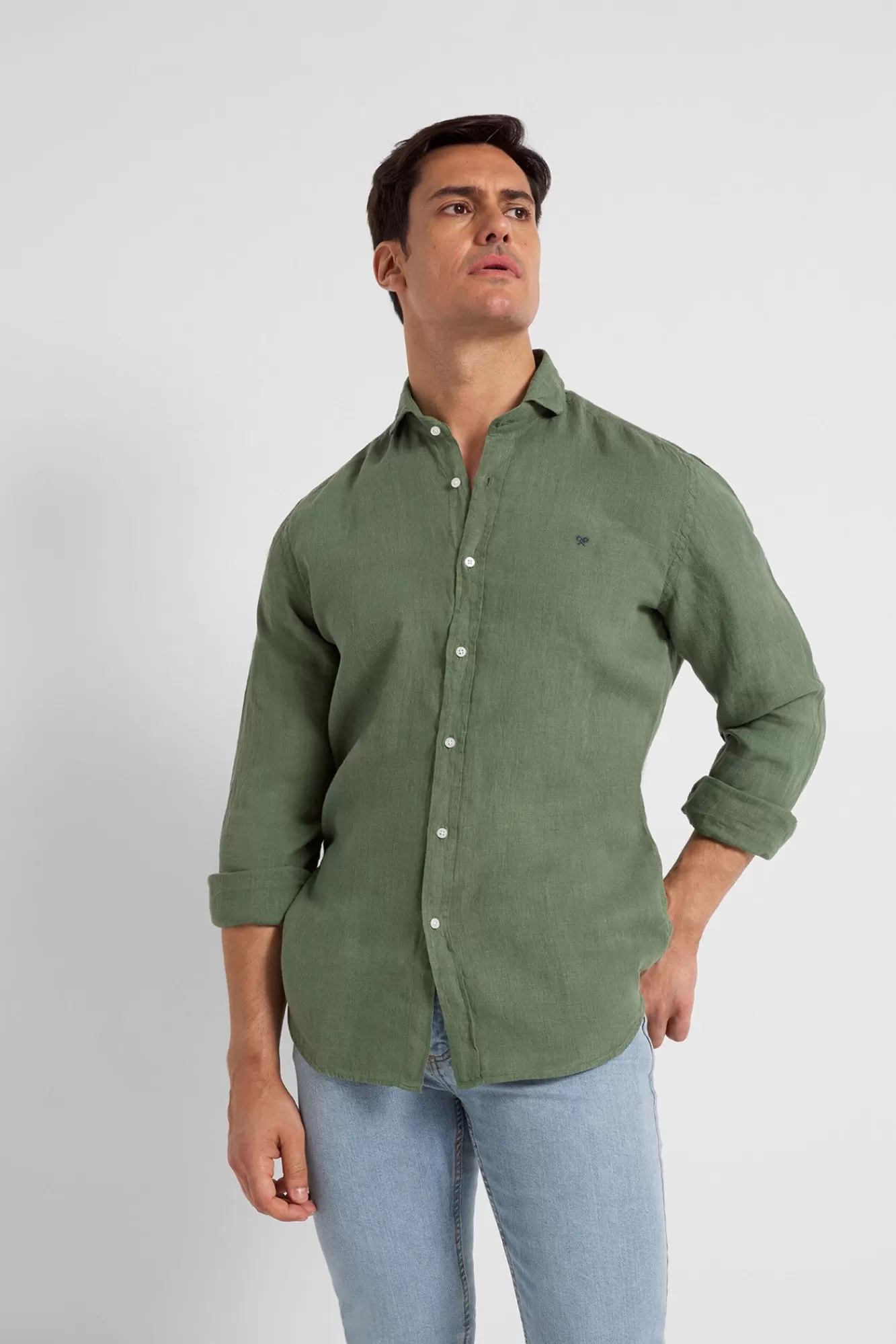 Shop Silbon Green Natural Linen Sports Shirt Dark Green