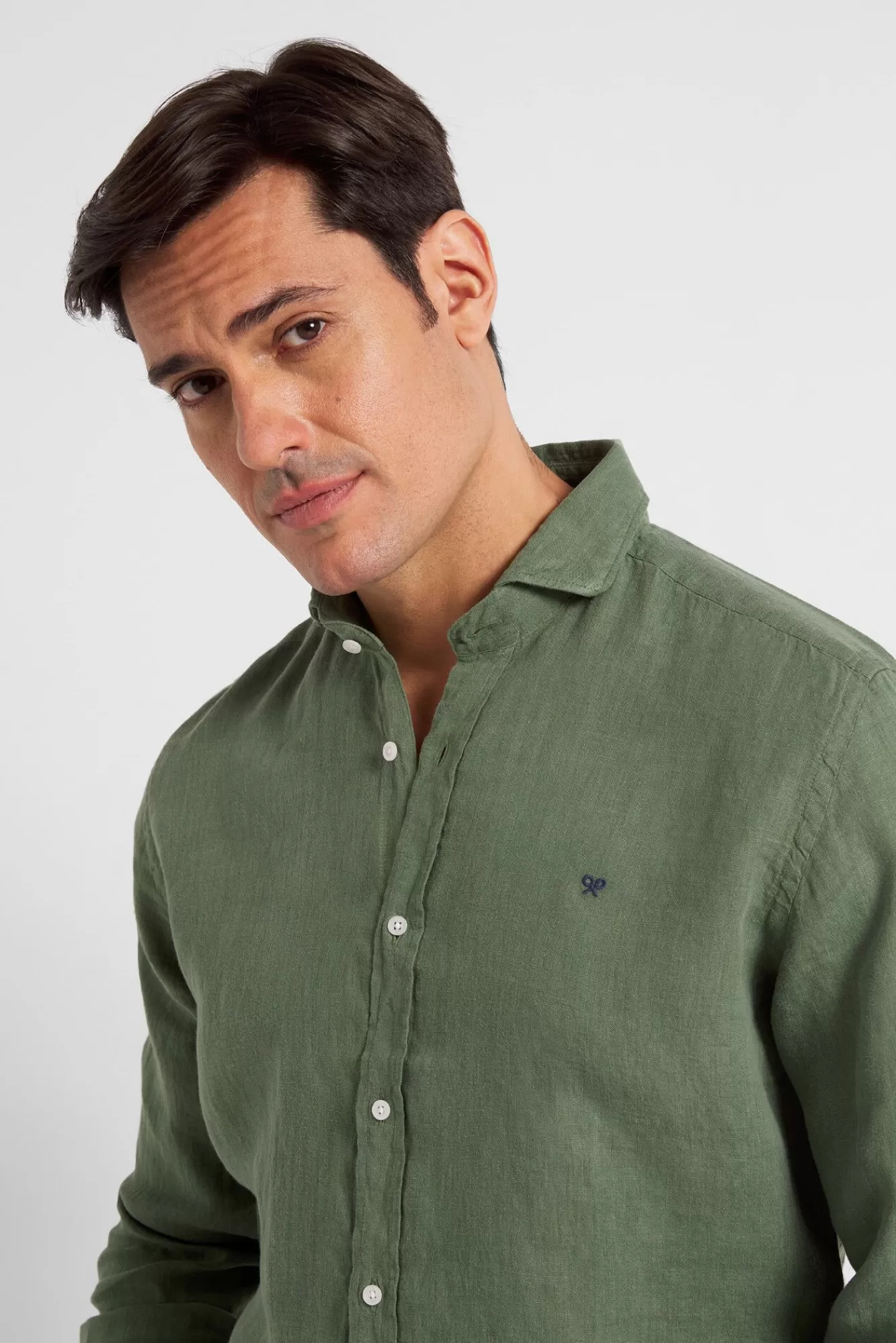 Shop Silbon Green Natural Linen Sports Shirt Dark Green