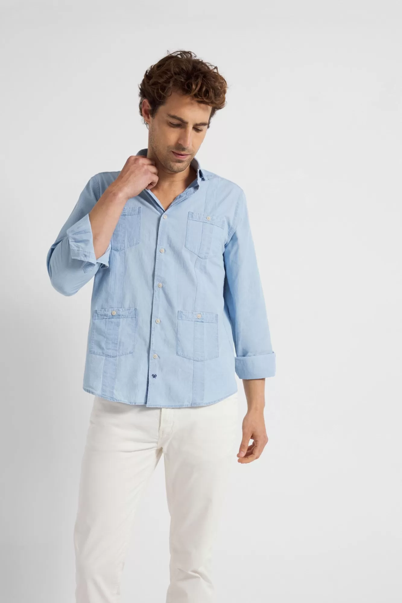 Hot Silbon Guayabera Light Denim Sports Shirt Blue