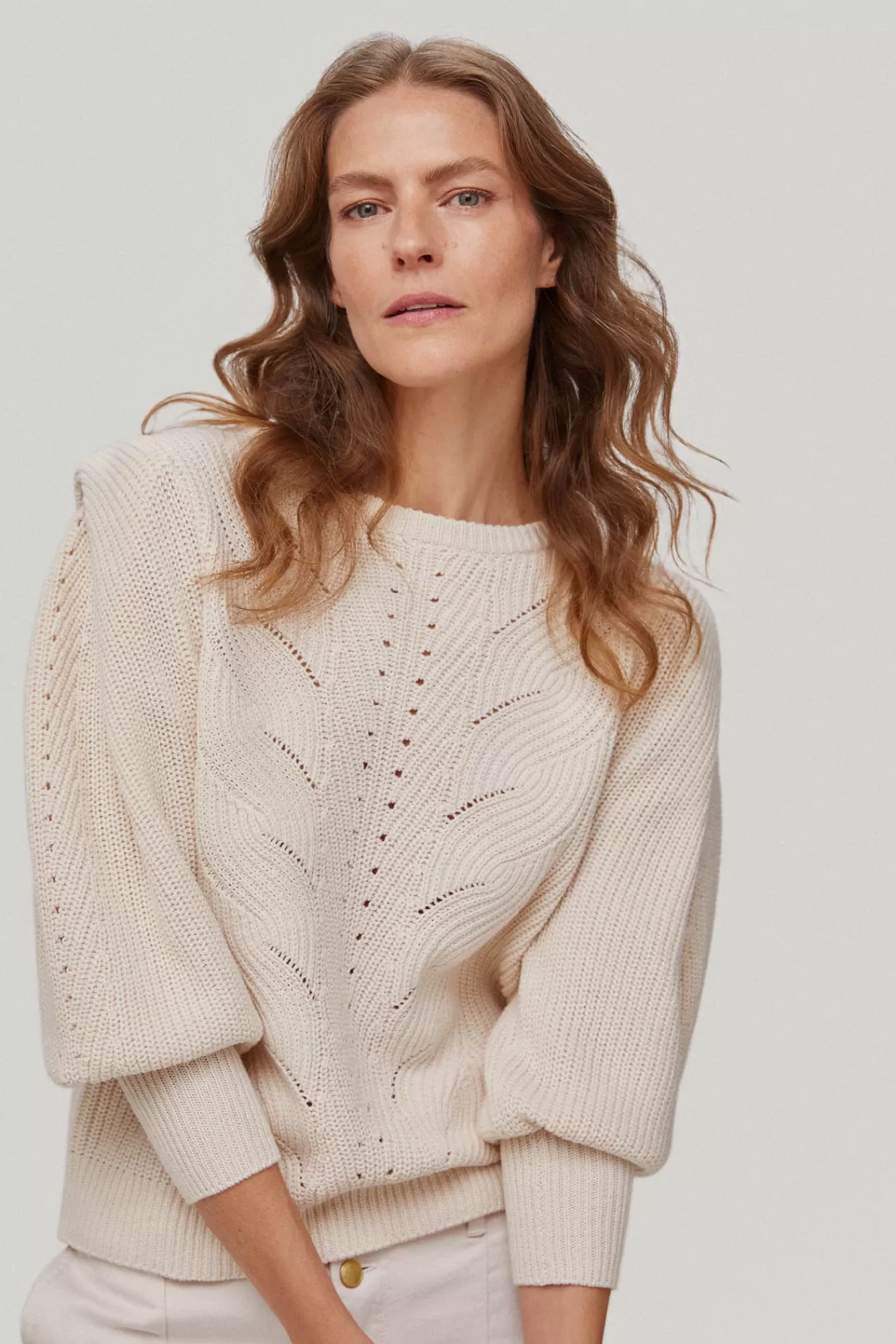 New Pedro del Hierro Jumper With Shoulder Pad Style Puffed Sleeves, Ecru