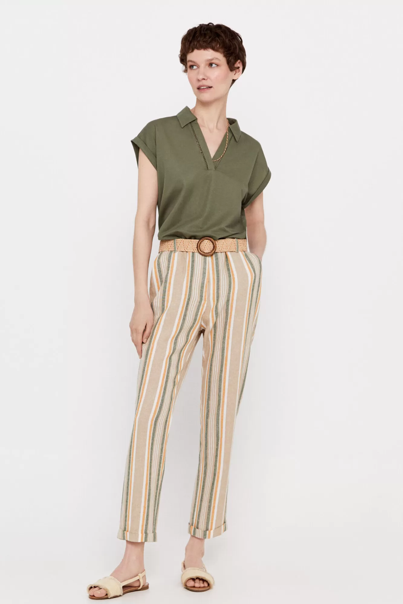 Discount Cortefiel Linen Trousers Kaki