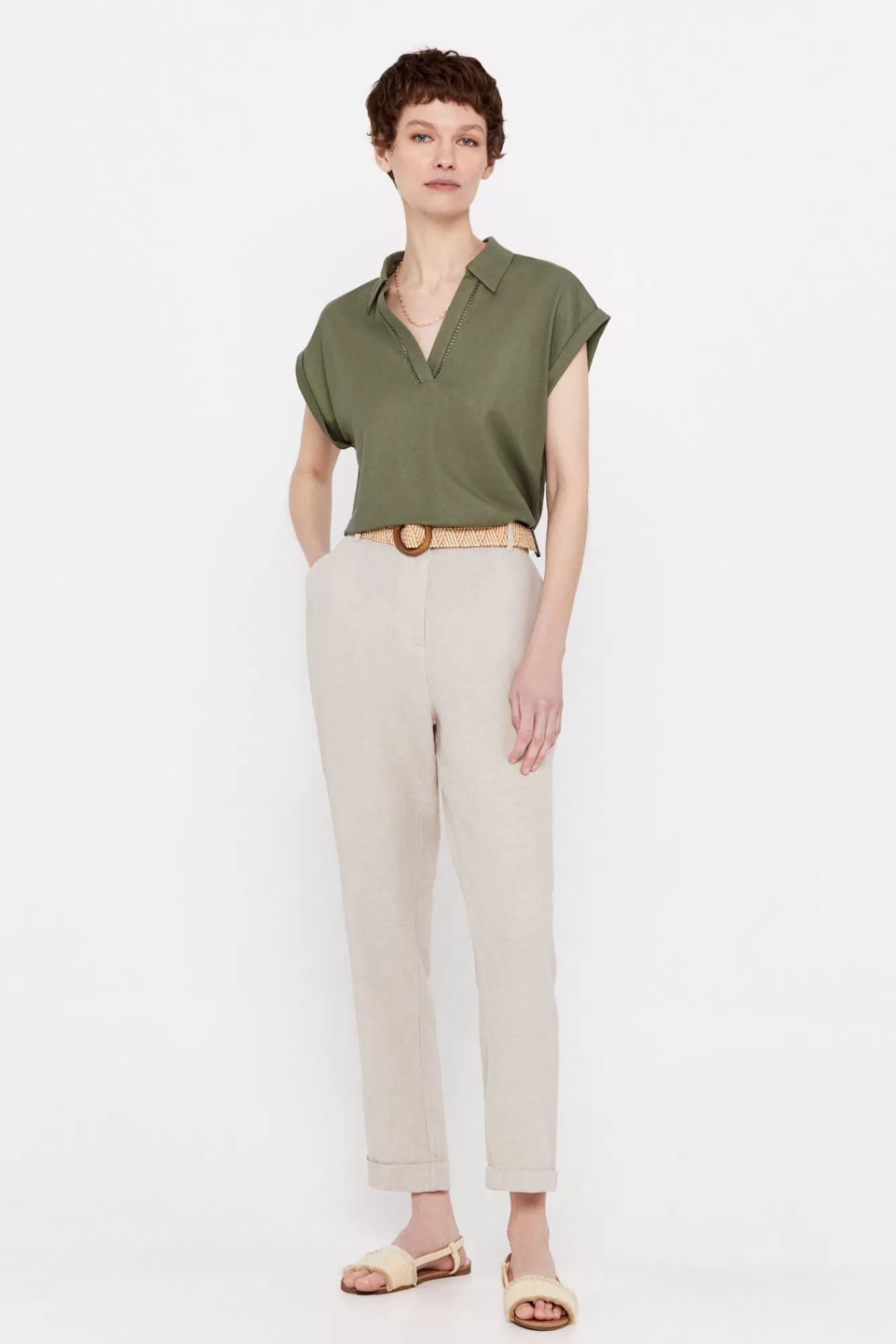 Hot Cortefiel Linen Trousers Beige