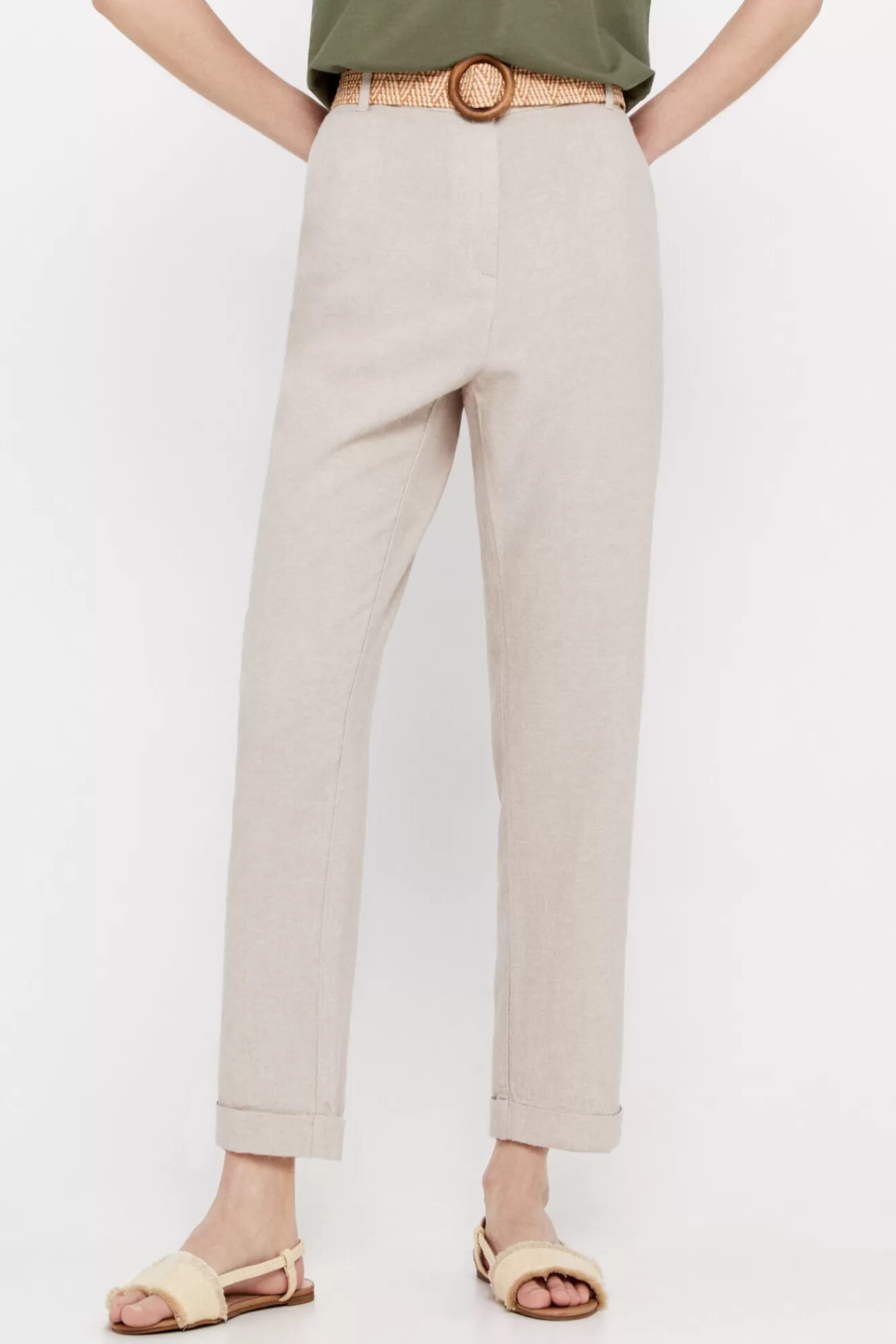 Hot Cortefiel Linen Trousers Beige