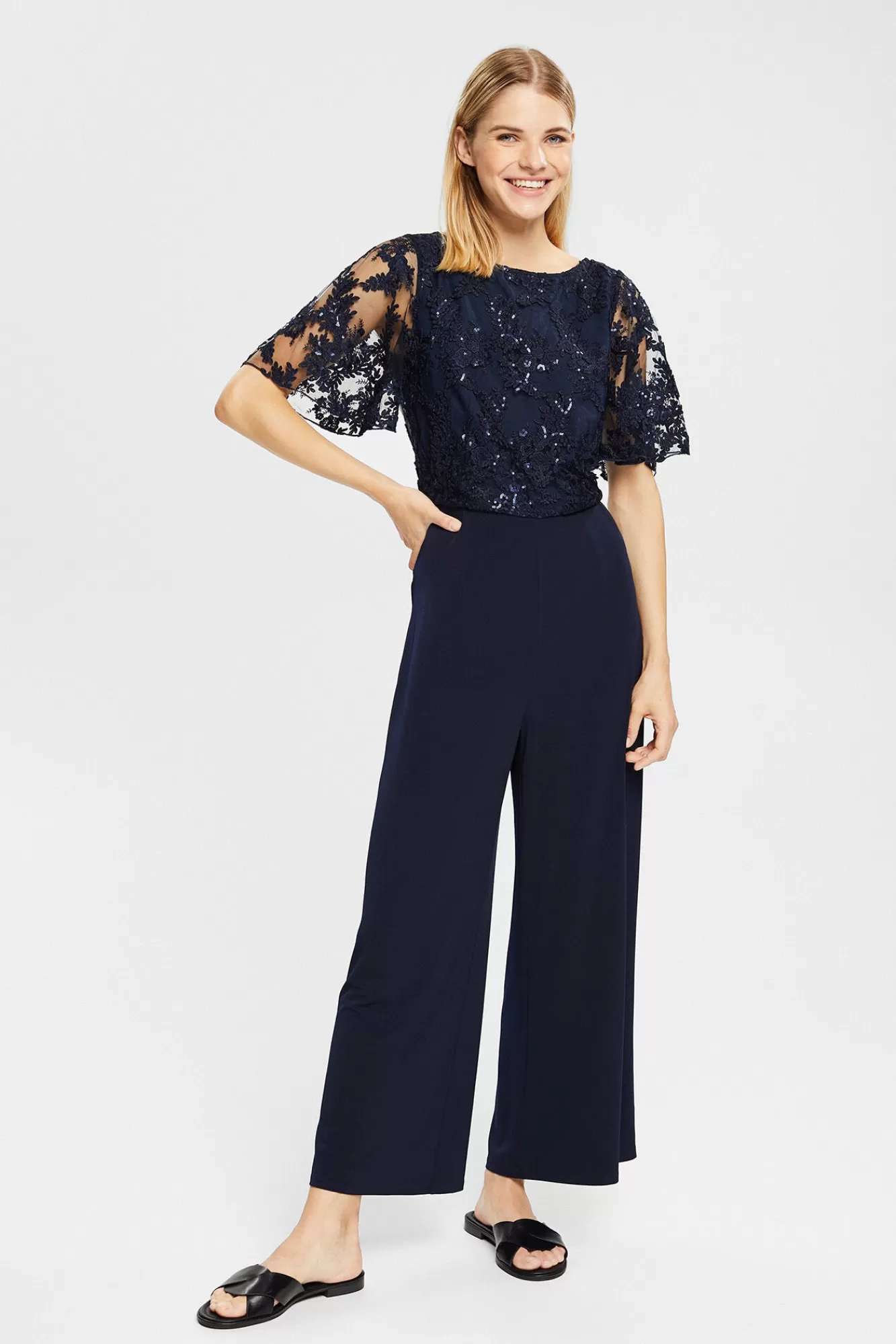 Shop Esprit Long Floral Lace Slim Fit Jumpsuit Navy