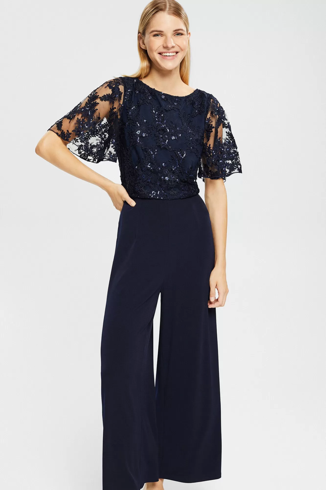 Shop Esprit Long Floral Lace Slim Fit Jumpsuit Navy