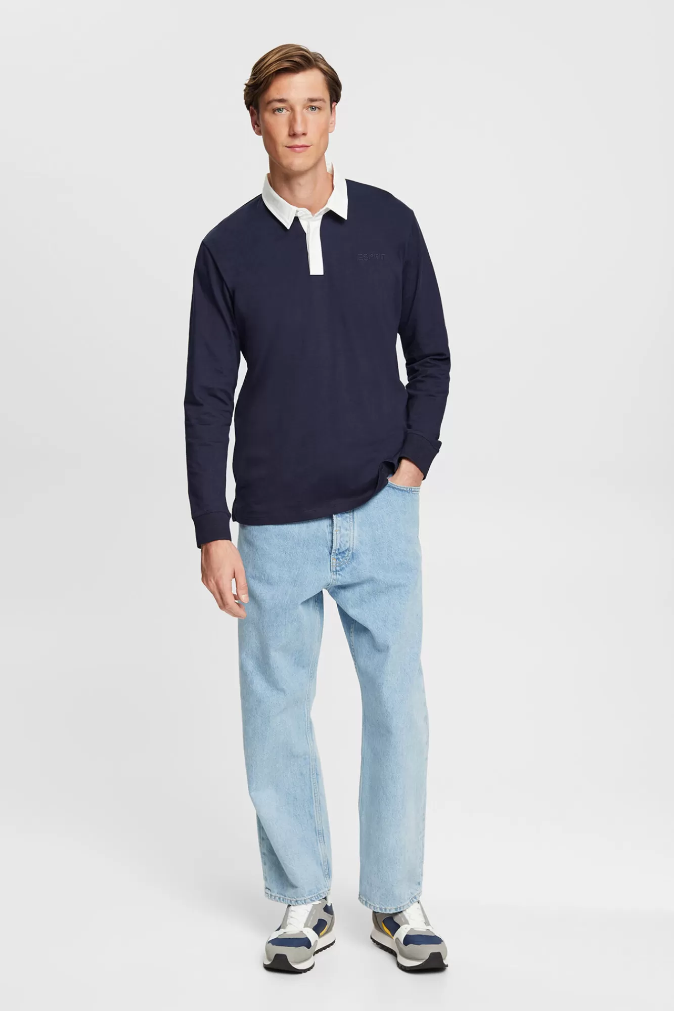 Clearance Esprit Long-Sleeved Cotton Polo Shirt Navy