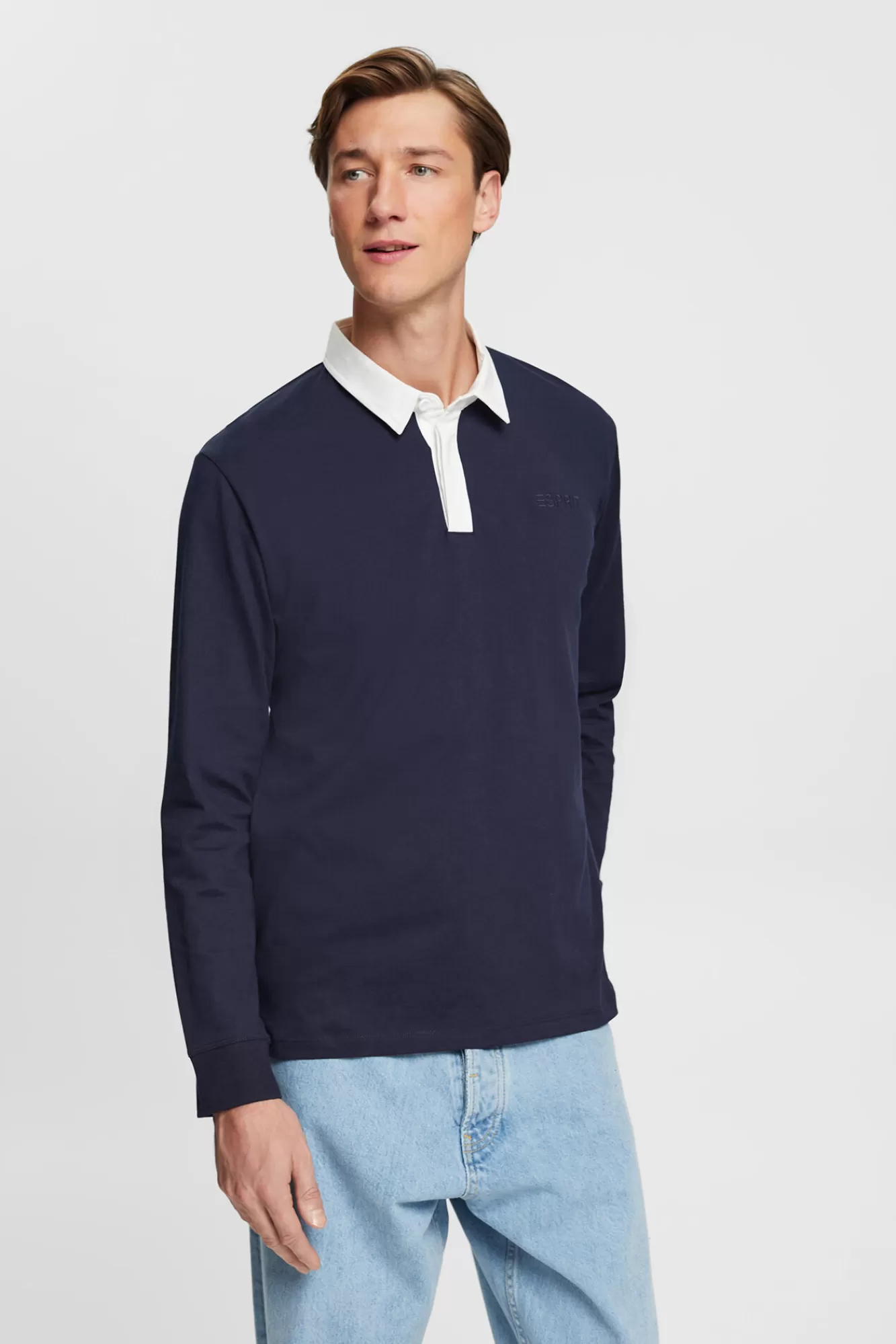 Clearance Esprit Long-Sleeved Cotton Polo Shirt Navy