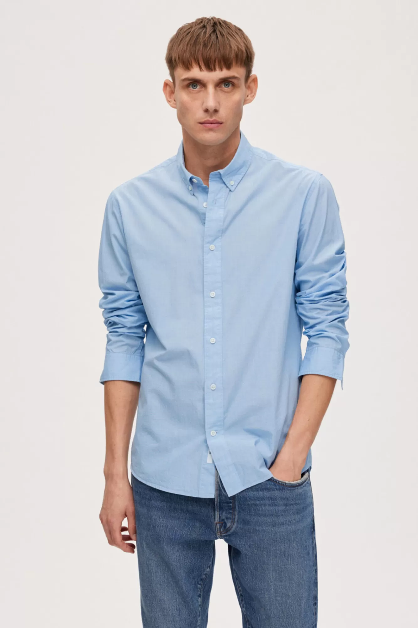 Hot Selected Long-Sleeved Regular Fit Organic Cotton Shirt Blue