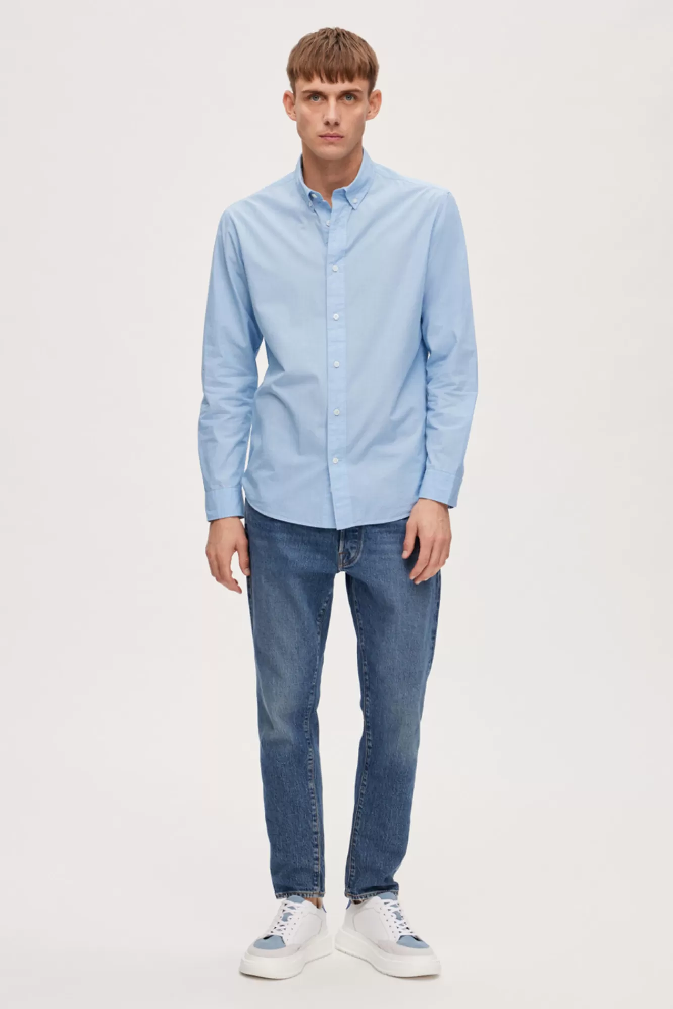 Hot Selected Long-Sleeved Regular Fit Organic Cotton Shirt Blue