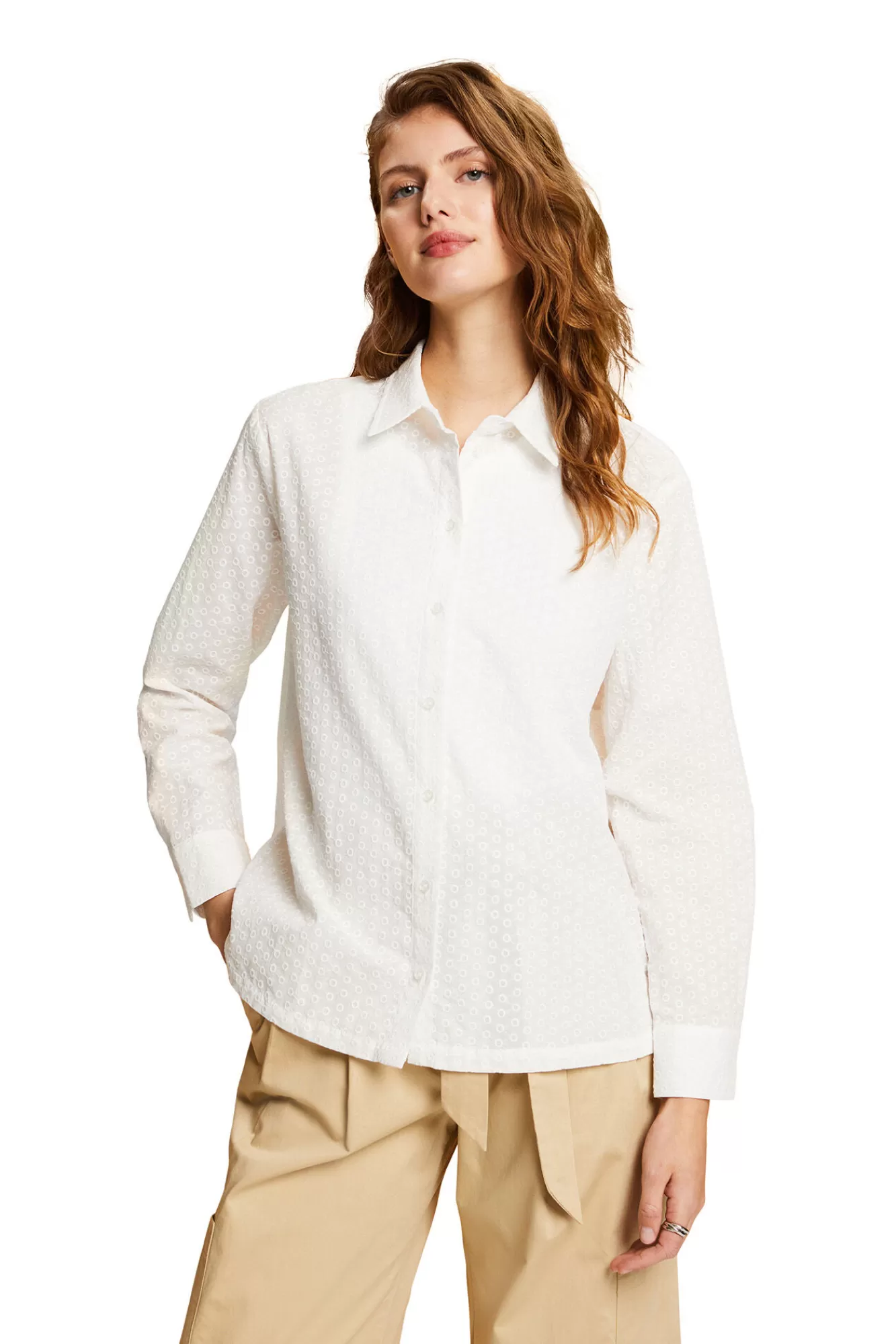 Discount Esprit Loose Fit Embroidered Cotton Shirt White