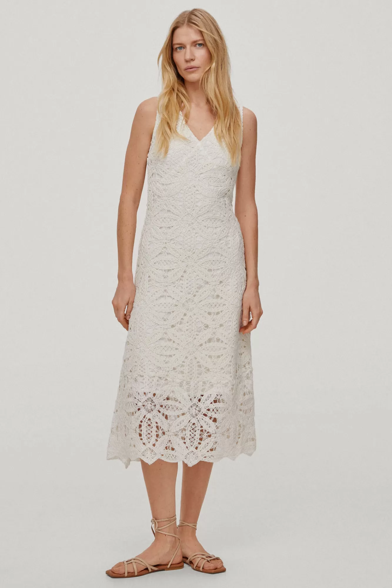 Fashion Pedro del Hierro Midi Dress With Crochet Straps, V-Neck And A-Line Skirt Ecru