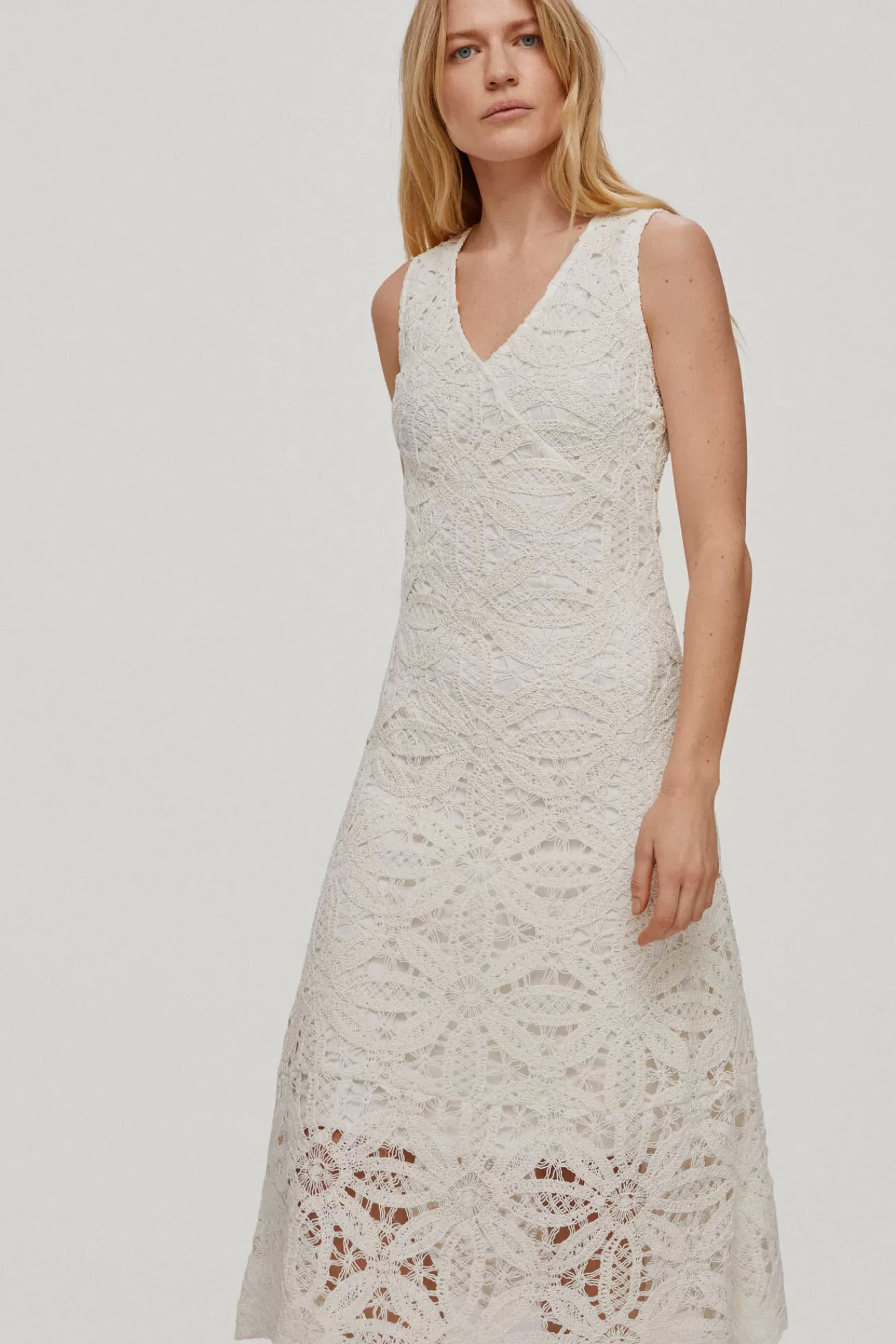 Fashion Pedro del Hierro Midi Dress With Crochet Straps, V-Neck And A-Line Skirt Ecru